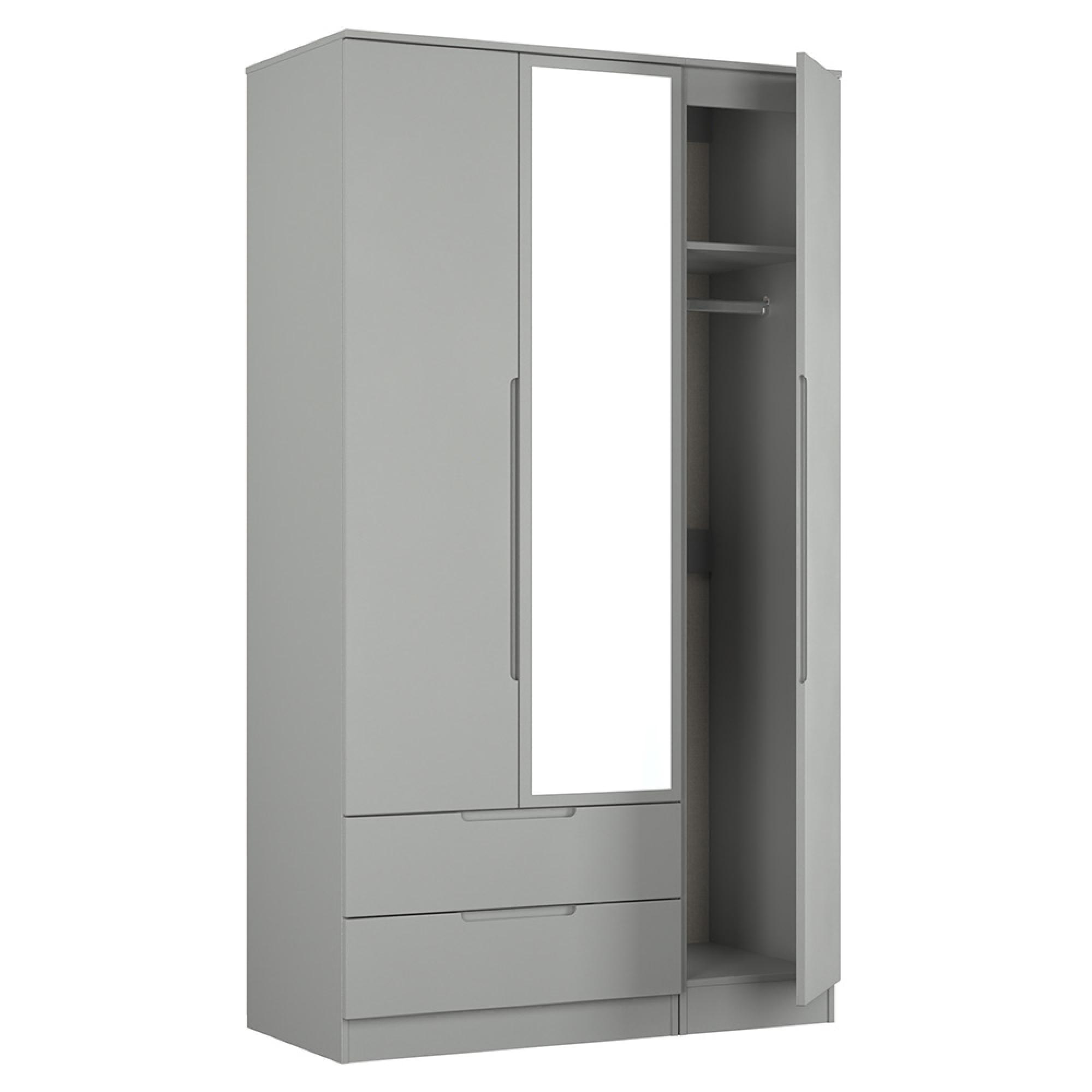 Milan Wardrobe - 3 Door - 1 Mirror - LHF 2 Drawer - Tall - Combi - Grey