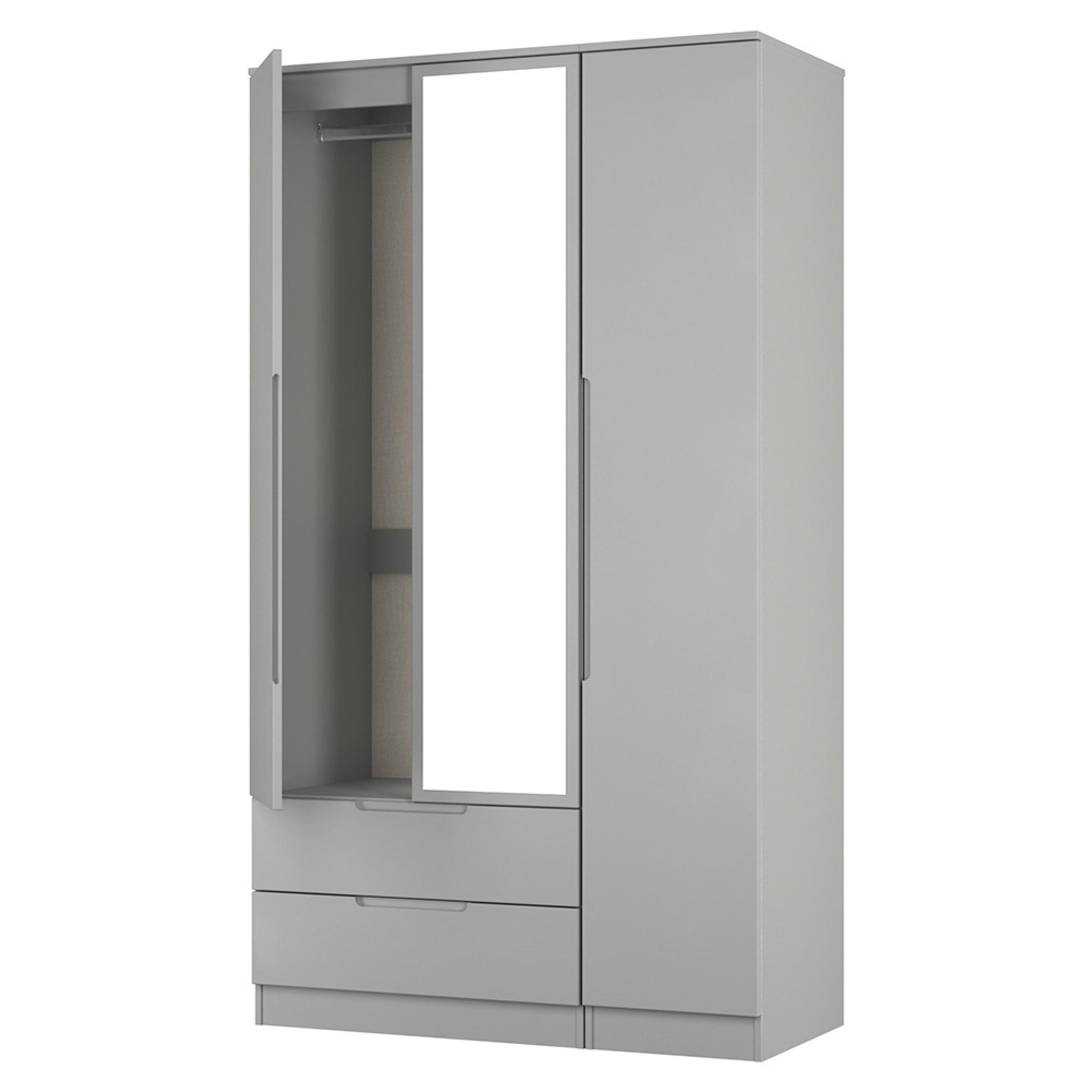 Milan Wardrobe - 3 Door - 1 Mirror - LHF 2 Drawer - Tall - Combi - Grey