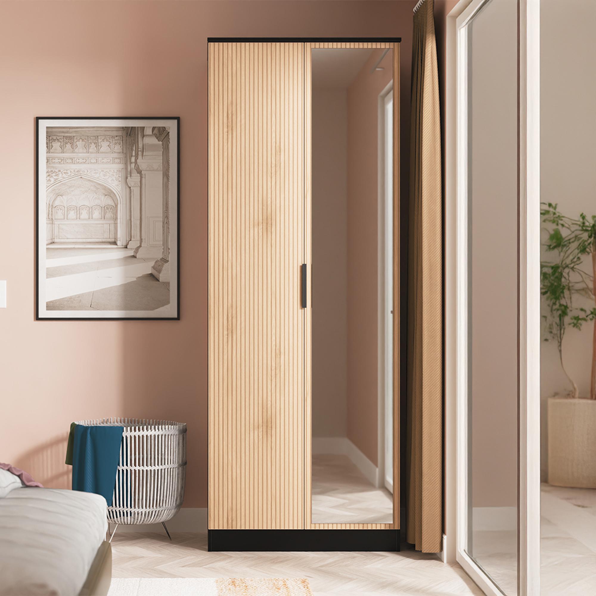 Java Fluted Wardrobe - 2 Door - 1 Mirror - Natural and Black