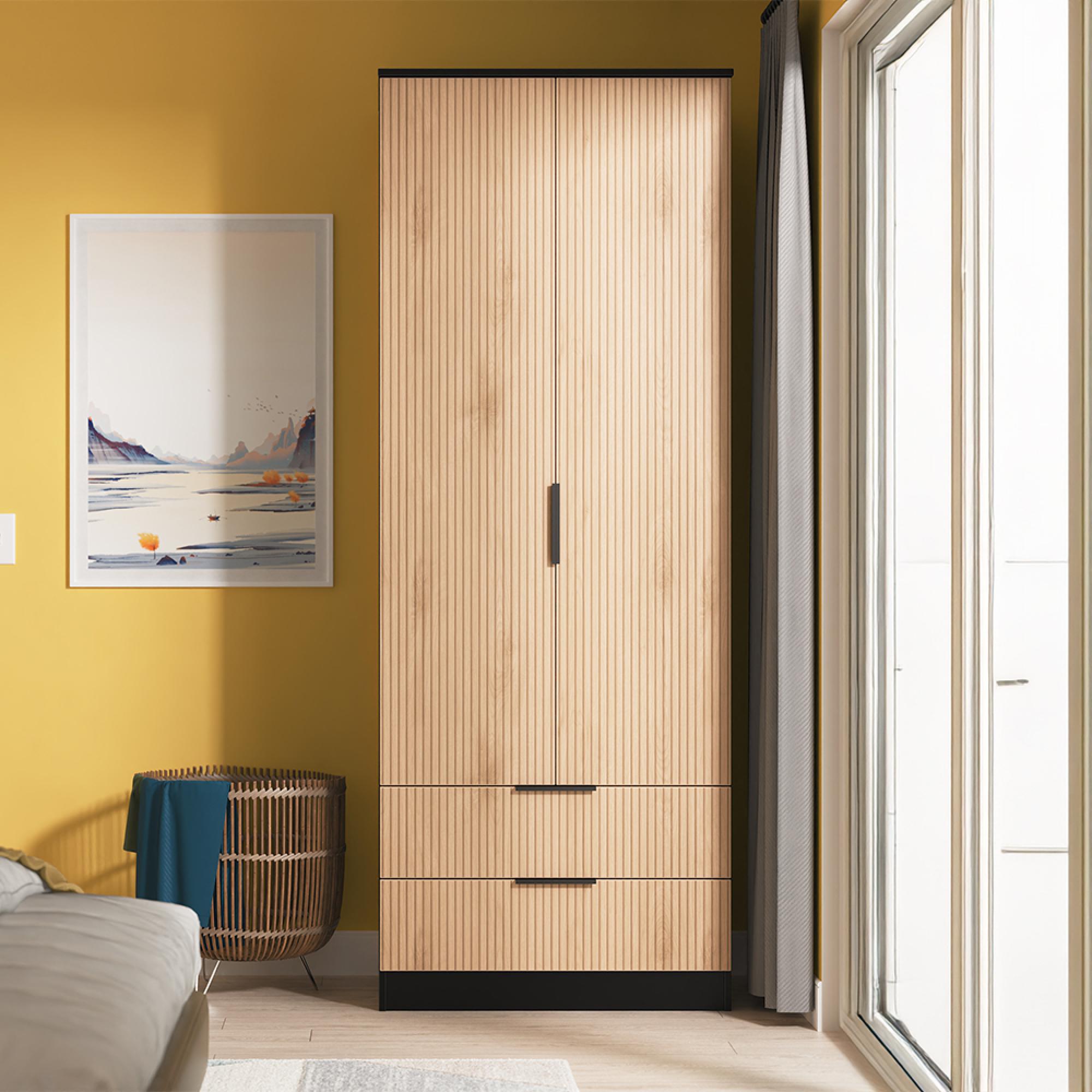 Java Fluted Wardrobe - 2 Door - 2 Drawer - Natural and Black