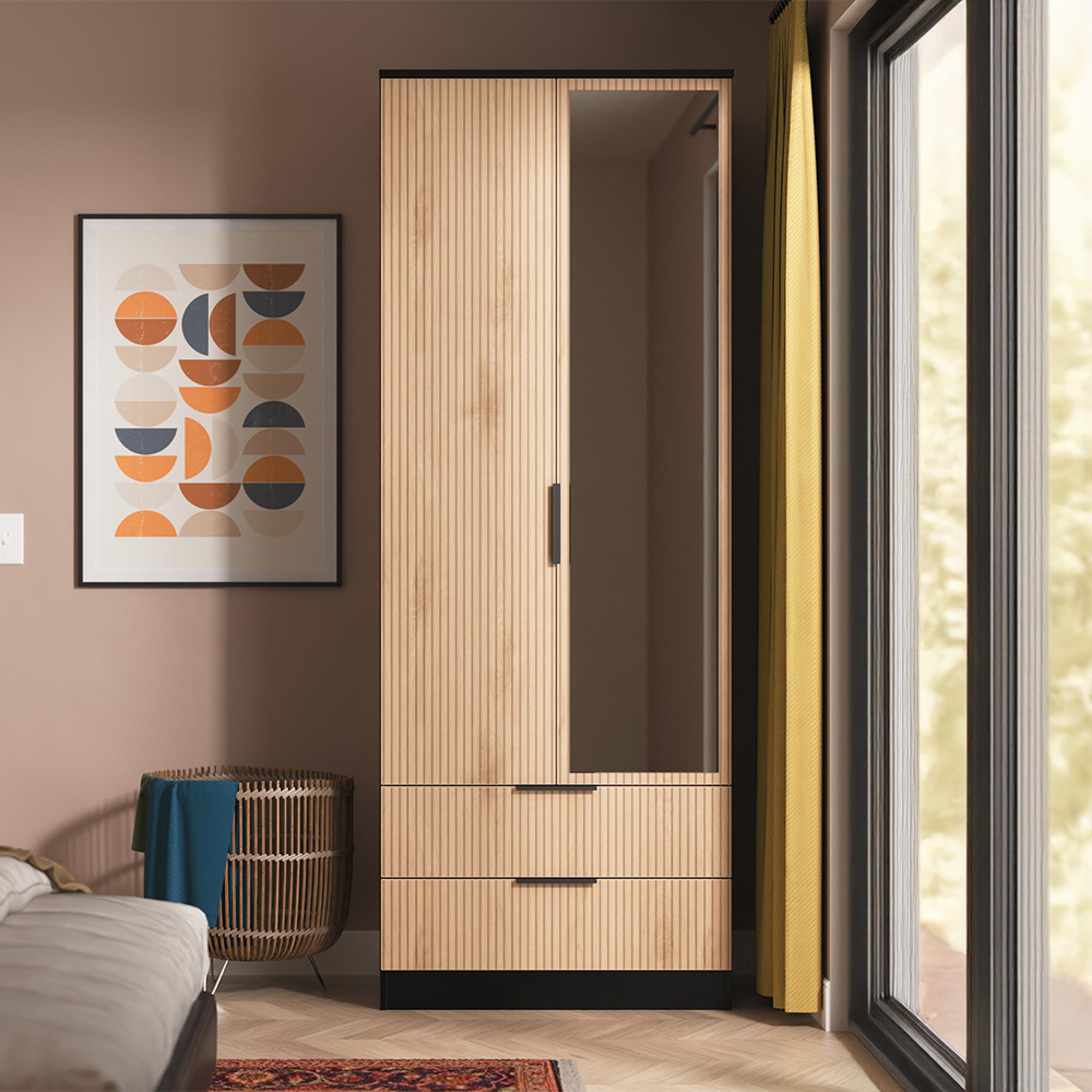 Java Fluted Wardrobe - 2 Door - Combi - 1 Mirror - Natural and Black