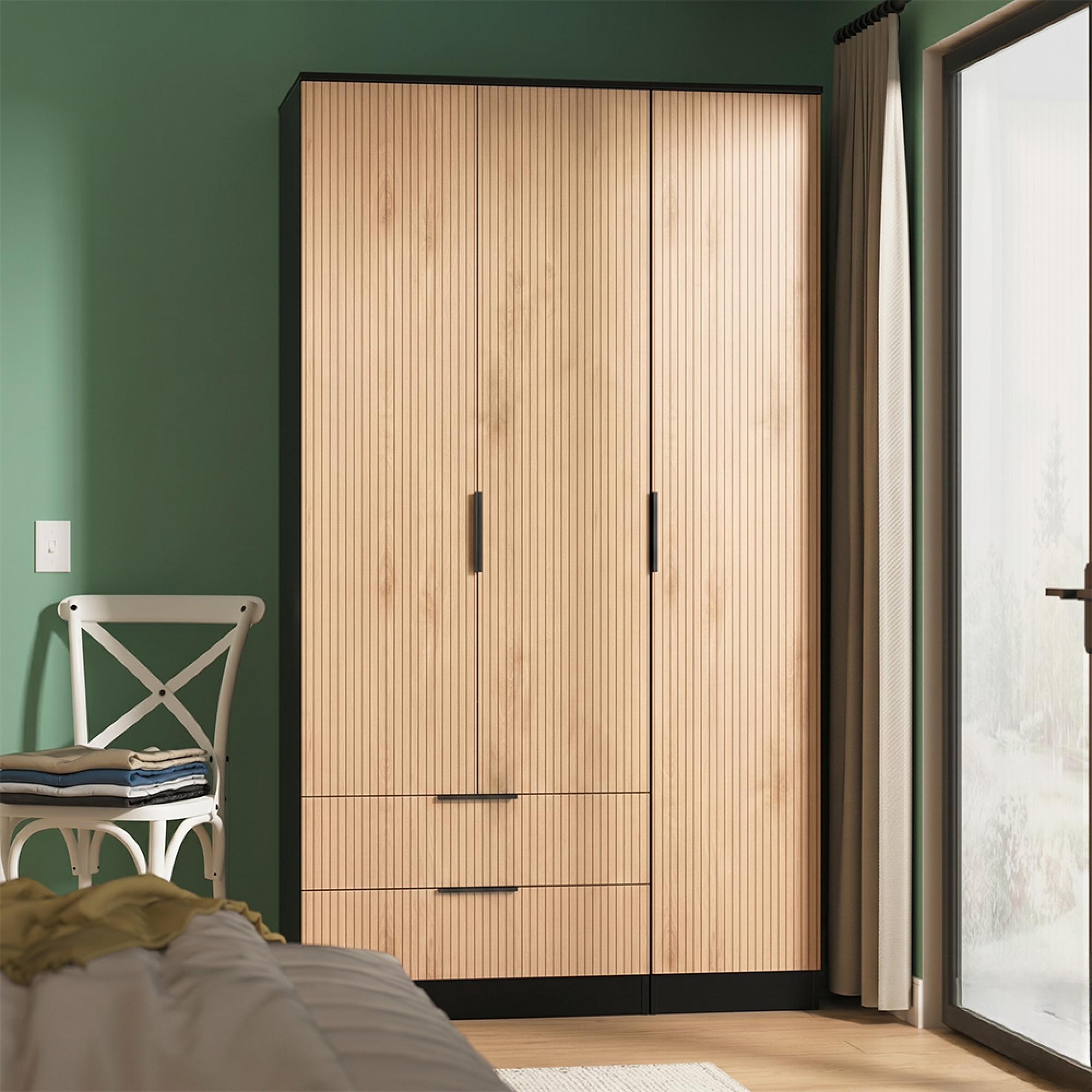 Java Fluted Wardrobe - 3 Door - 2 Drawer - Tall Triple - Natural and Black