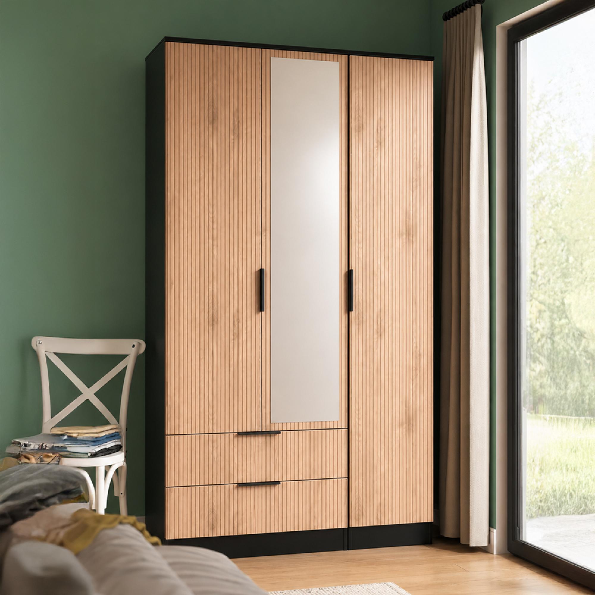 Java Fluted Wardrobe - 3 Door - Tall Triple Combi - 1 Mirror - Natural and Black
