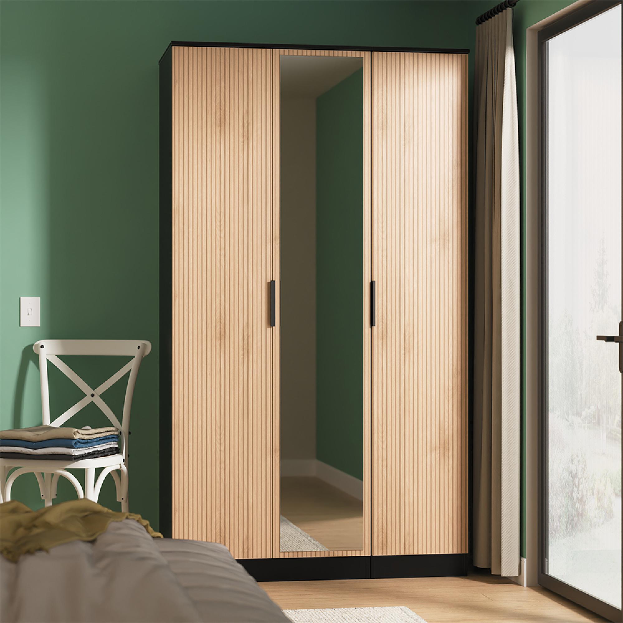 Java Fluted Wardrobe - 3 Door - Tall Triple Robe - 1 Mirror - Natural and Black