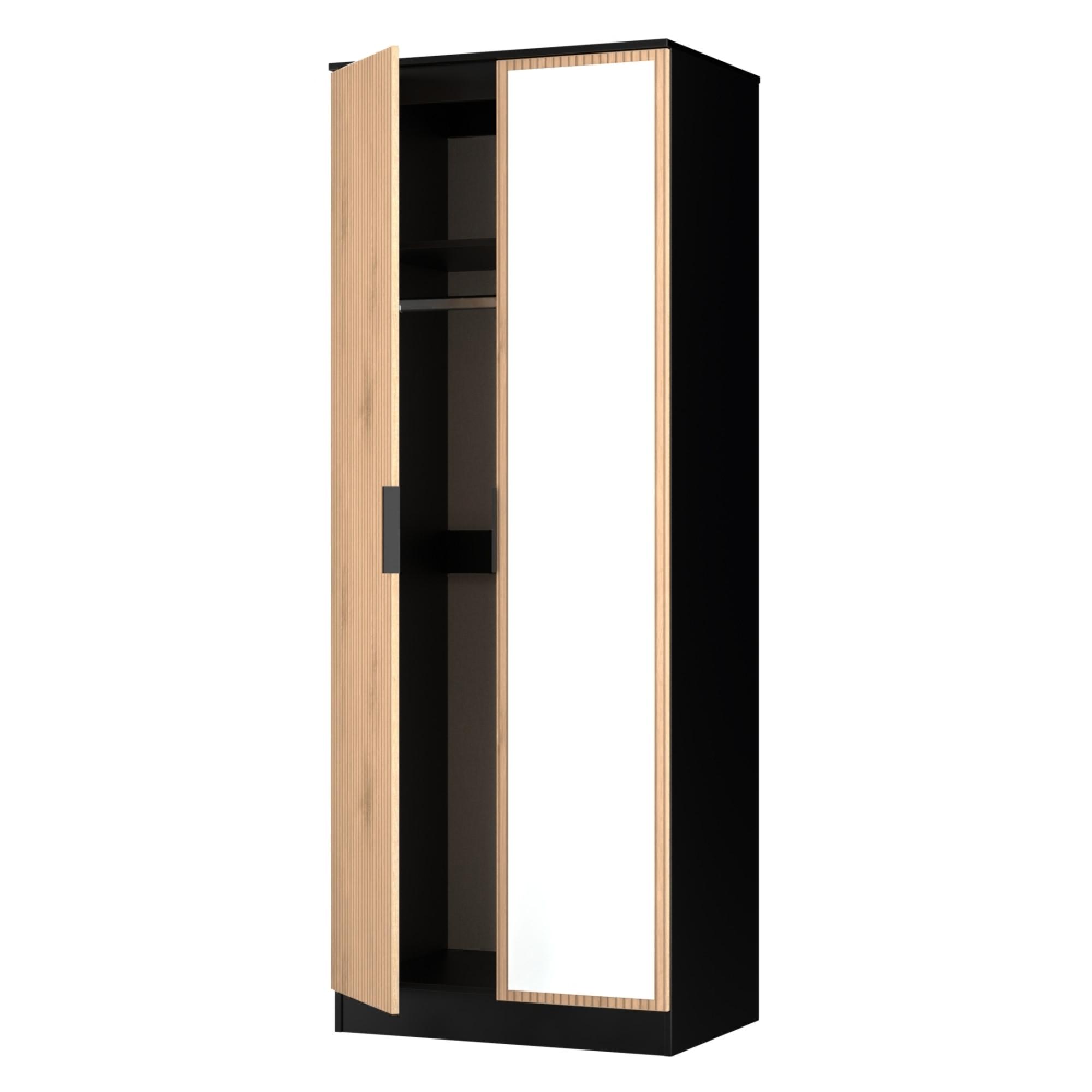 Java Fluted Wardrobe - 2 Door - Tall - 1 Mirror - Natural and Black