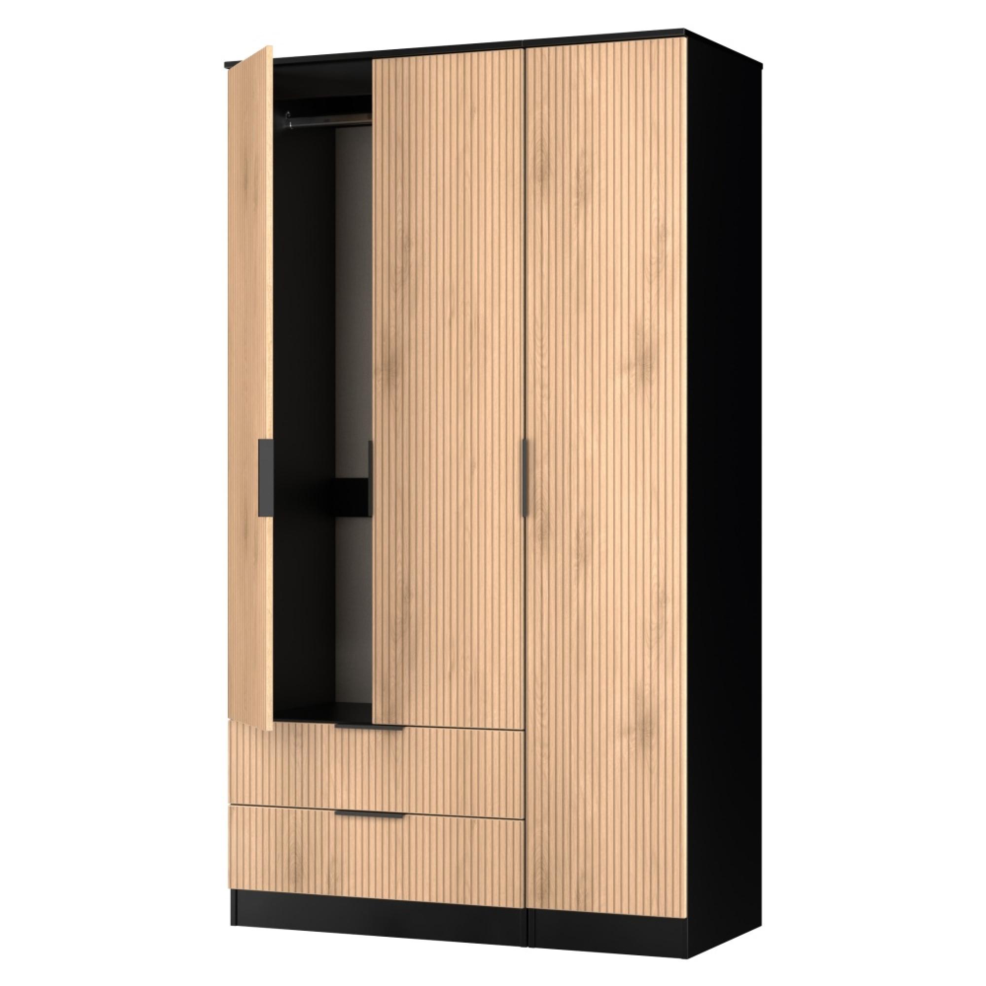 Java Fluted Wardrobe - 3 Door - 2 Drawer - Tall Triple - Natural and Black