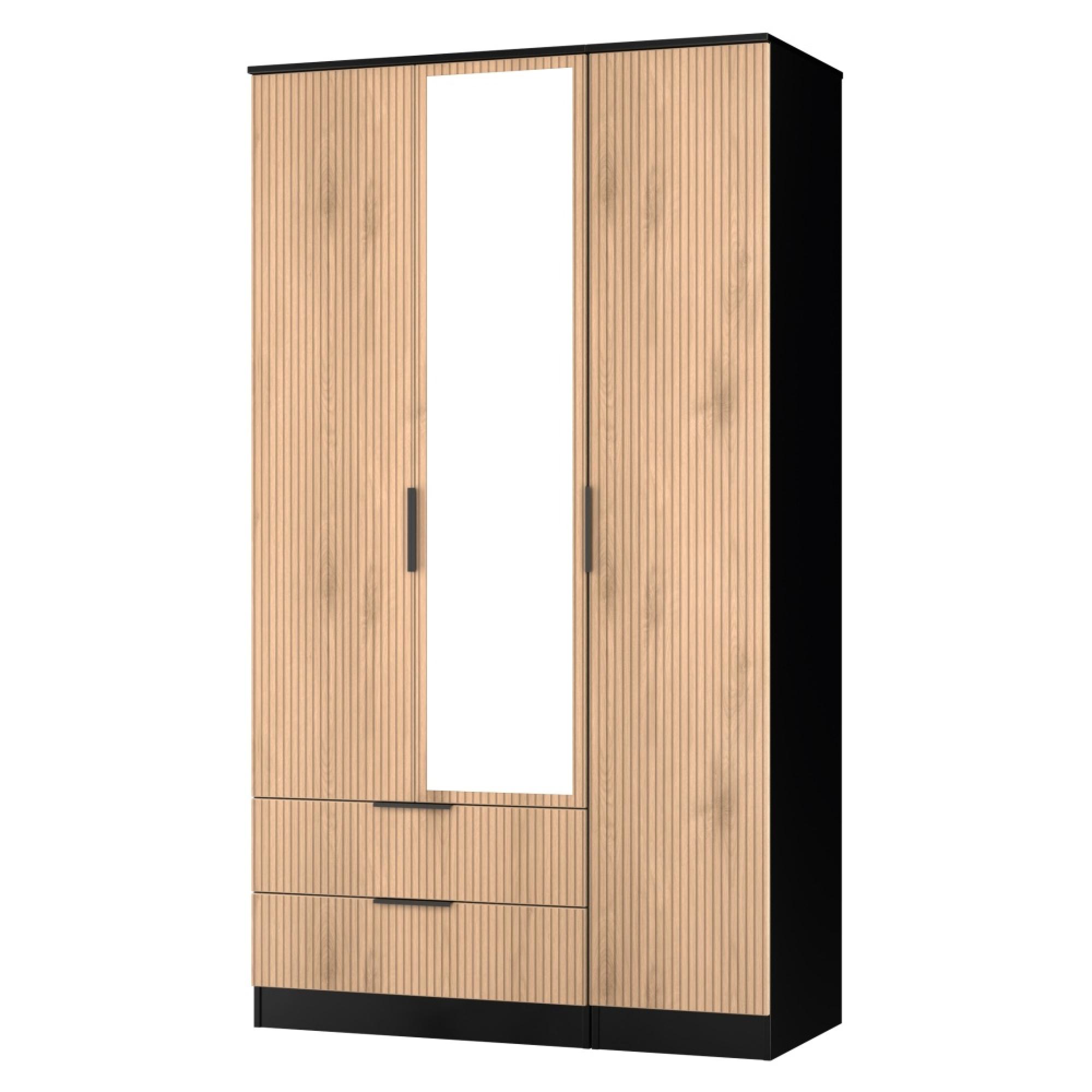 Java Fluted Wardrobe - 3 Door - Tall Triple Combi - 1 Mirror - Natural and Black