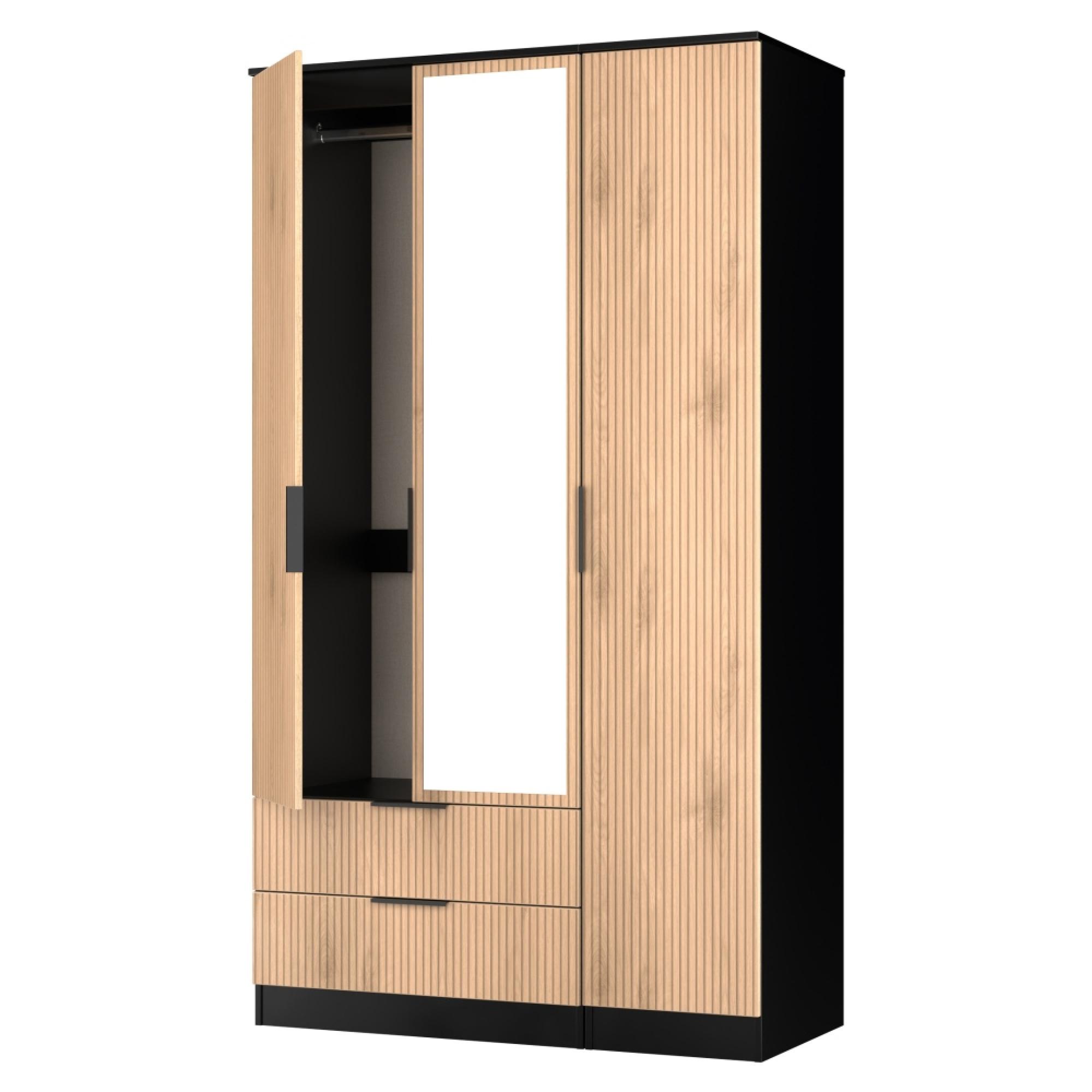Java Fluted Wardrobe - 3 Door - Tall Triple Combi - 1 Mirror - Natural and Black