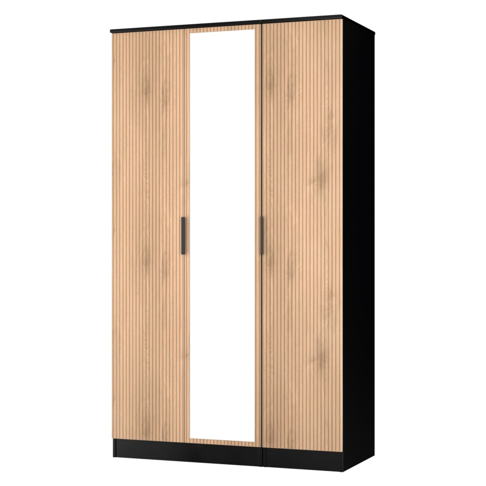 Java Fluted Wardrobe - 3 Door - Tall Triple Robe - 1 Mirror - Natural and Black