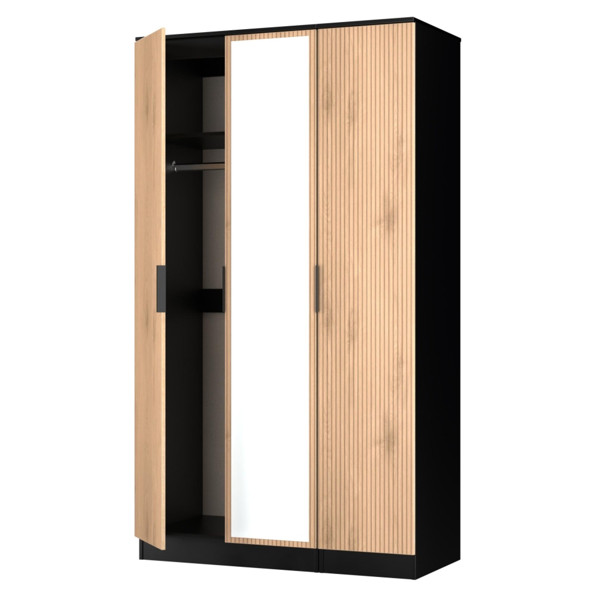 Java Fluted Wardrobe - 3 Door - Tall Triple Robe - 1 Mirror - Natural and Black