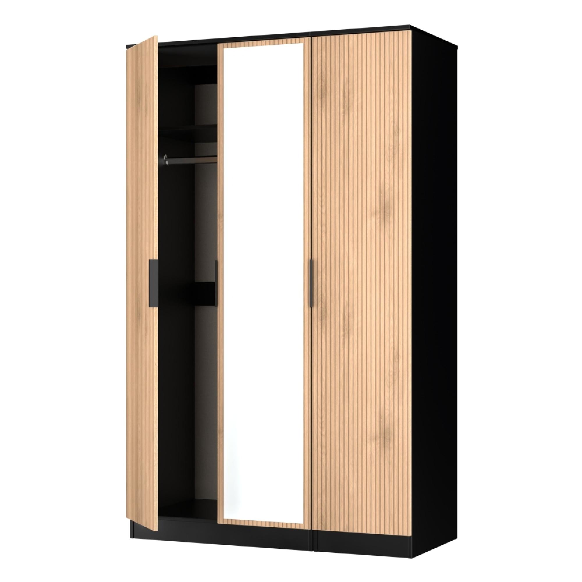 Java Fluted Wardrobe - 3 Door - Triple - 1 Mirror - Natural and Black