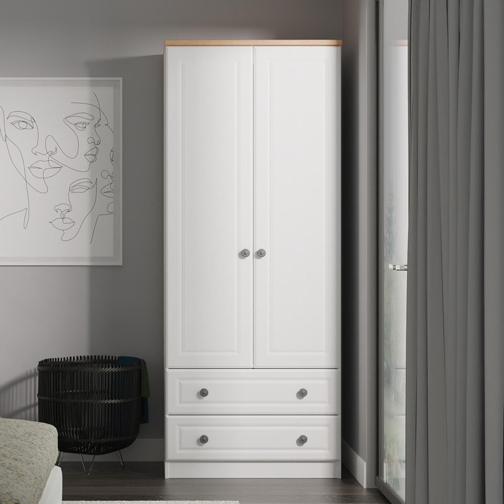 Norfolk Wardrobe - 2 Door - 2 Drawer - Double - White and Oak
