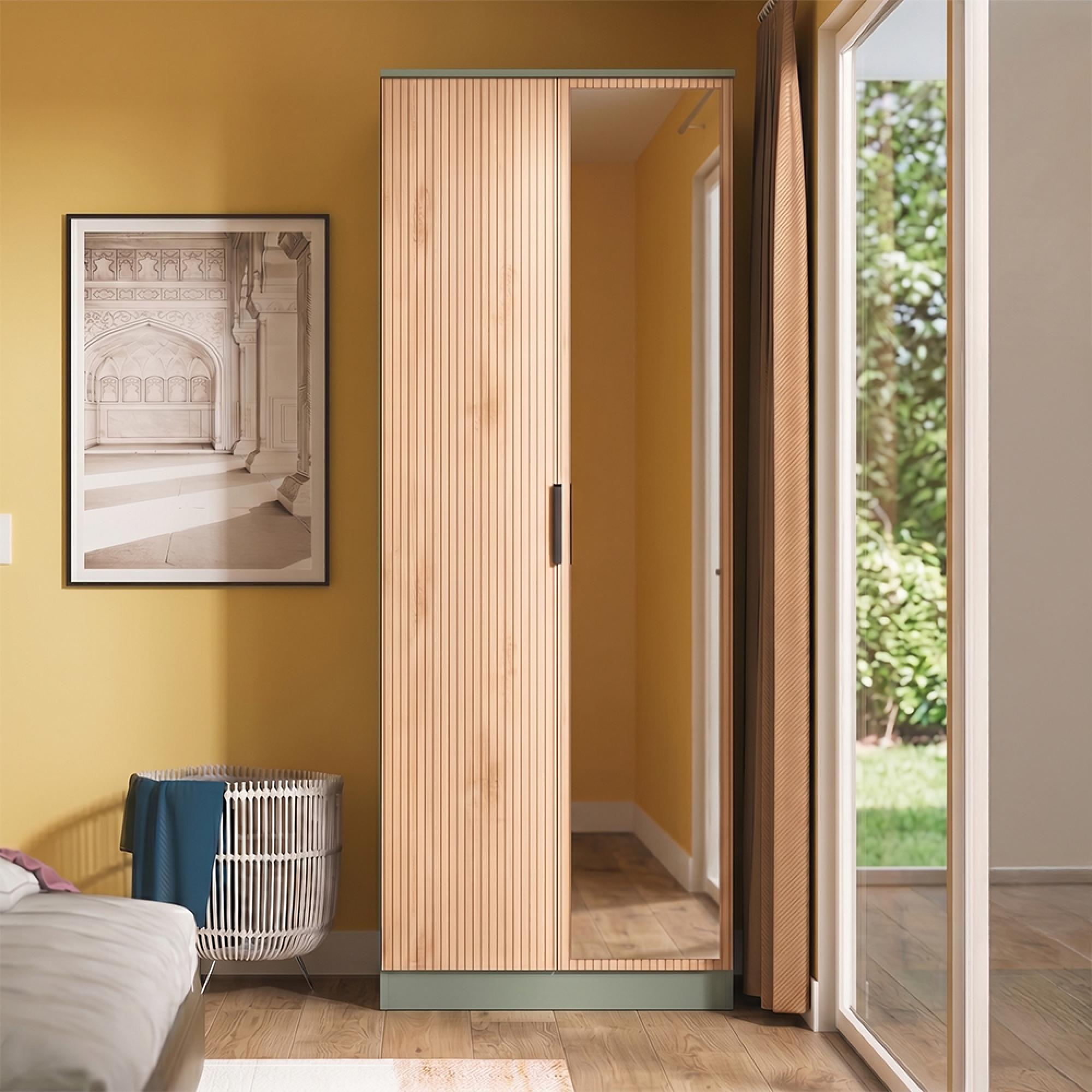 Java Fluted Wardrobe - 2 Door - 1 Mirror - Natural and Reed Green