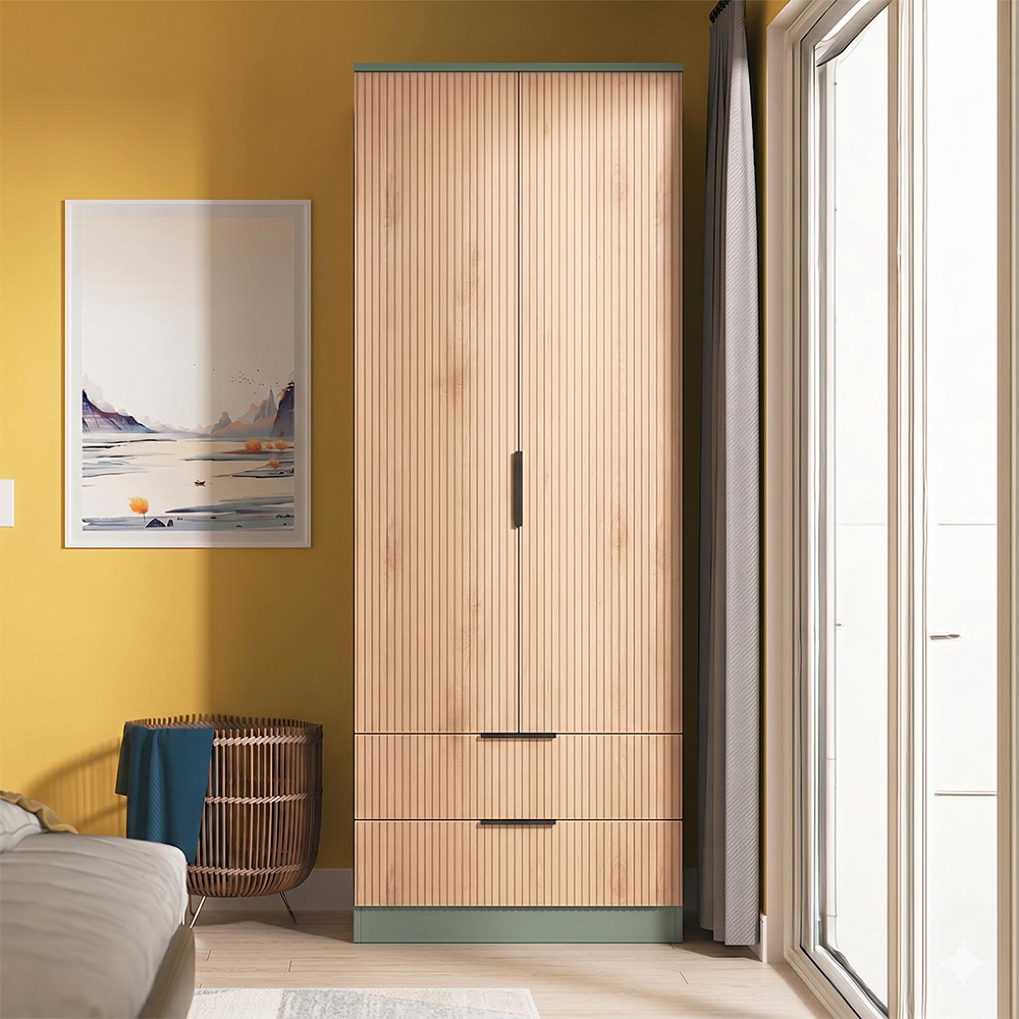 Java Fluted Wardrobe - 2 Door - 2 Drawer - Natural and Reed Green