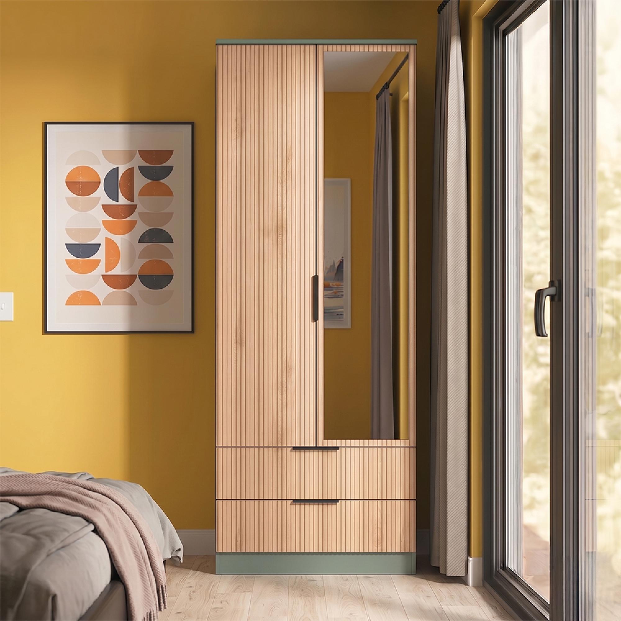 Java Fluted Wardrobe - 2 Door - Combi - 1 Mirror - Natural and Reed Green