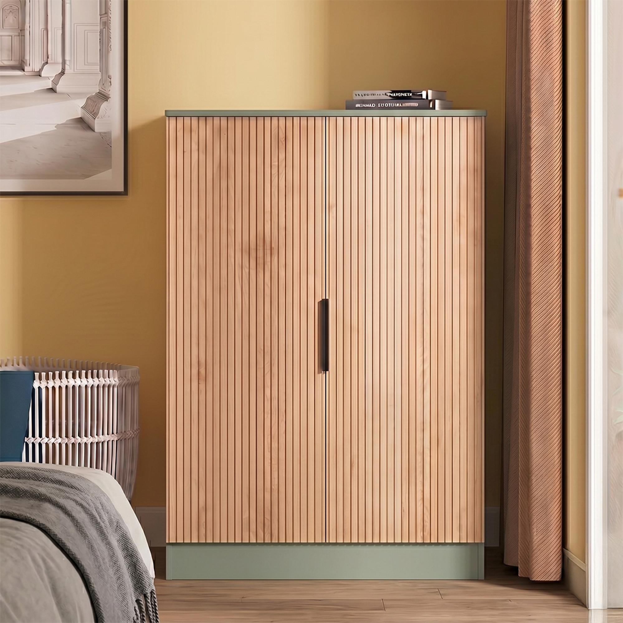 Java Fluted Wardrobe - 2 Door - Plain Midi - Natural and Reed Green