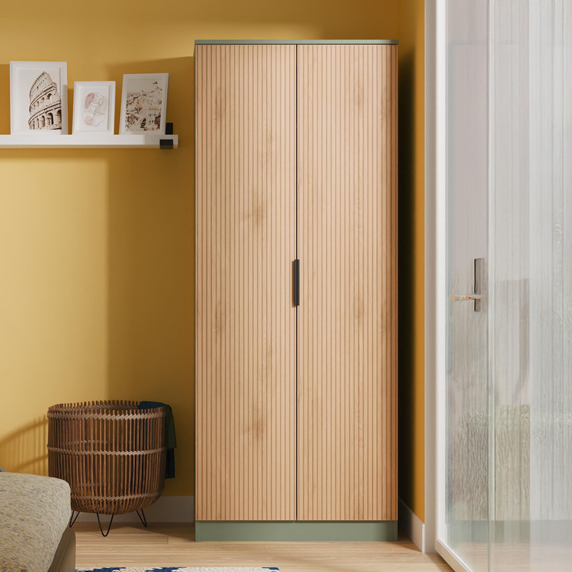 Java Fluted Wardrobe - 2 Door - Plain Robe - Natural and Reed Green