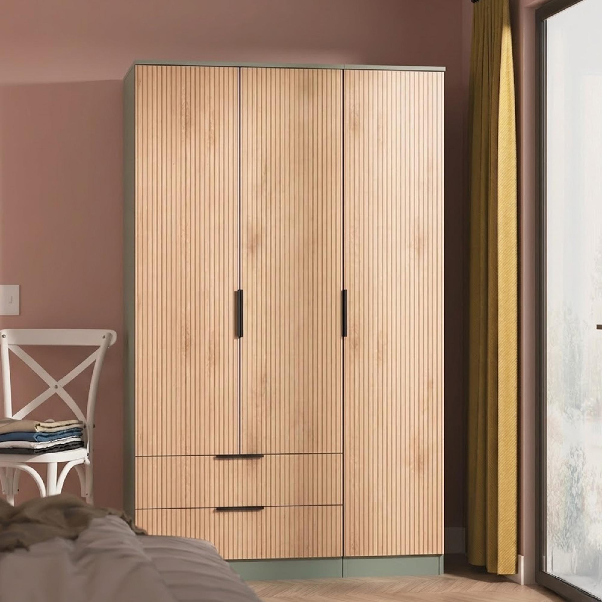 Java Fluted Wardrobe - 3 Door - 2 Drawer - Tall Triple - Natural and Reed Green