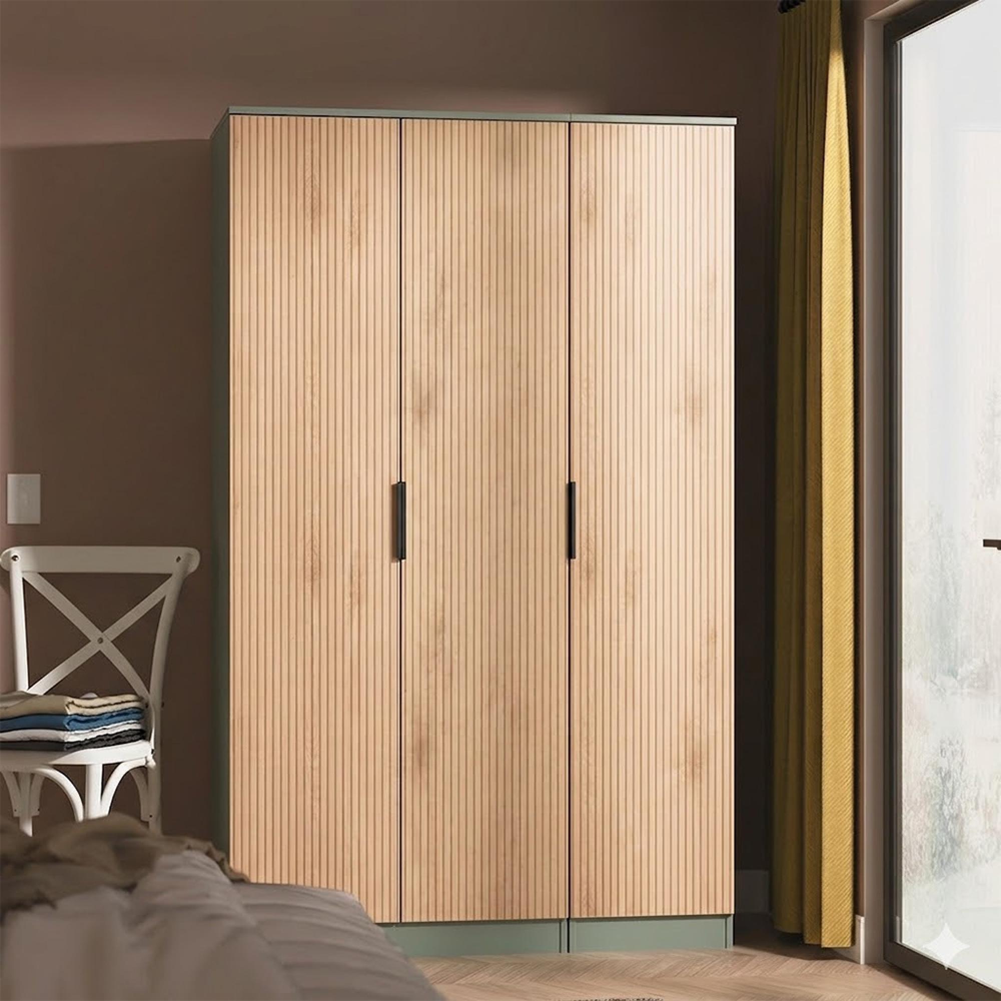 Java Fluted Wardrobe - 3 Door - Plain Triple - Natural and Reed Green