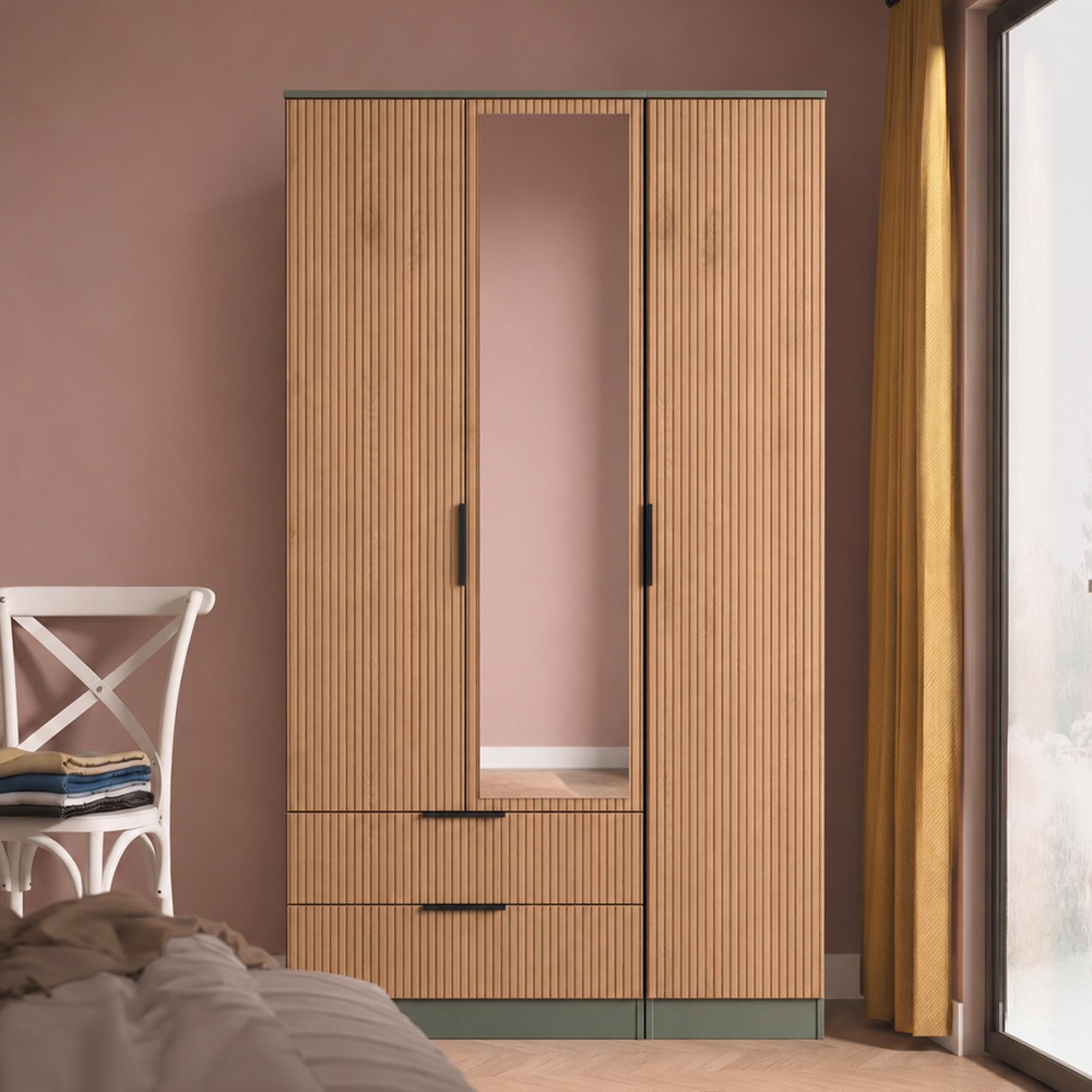 Java Fluted Wardrobe - 3 Door - Tall Triple Combi - 1 Mirror - Natural and Reed Green