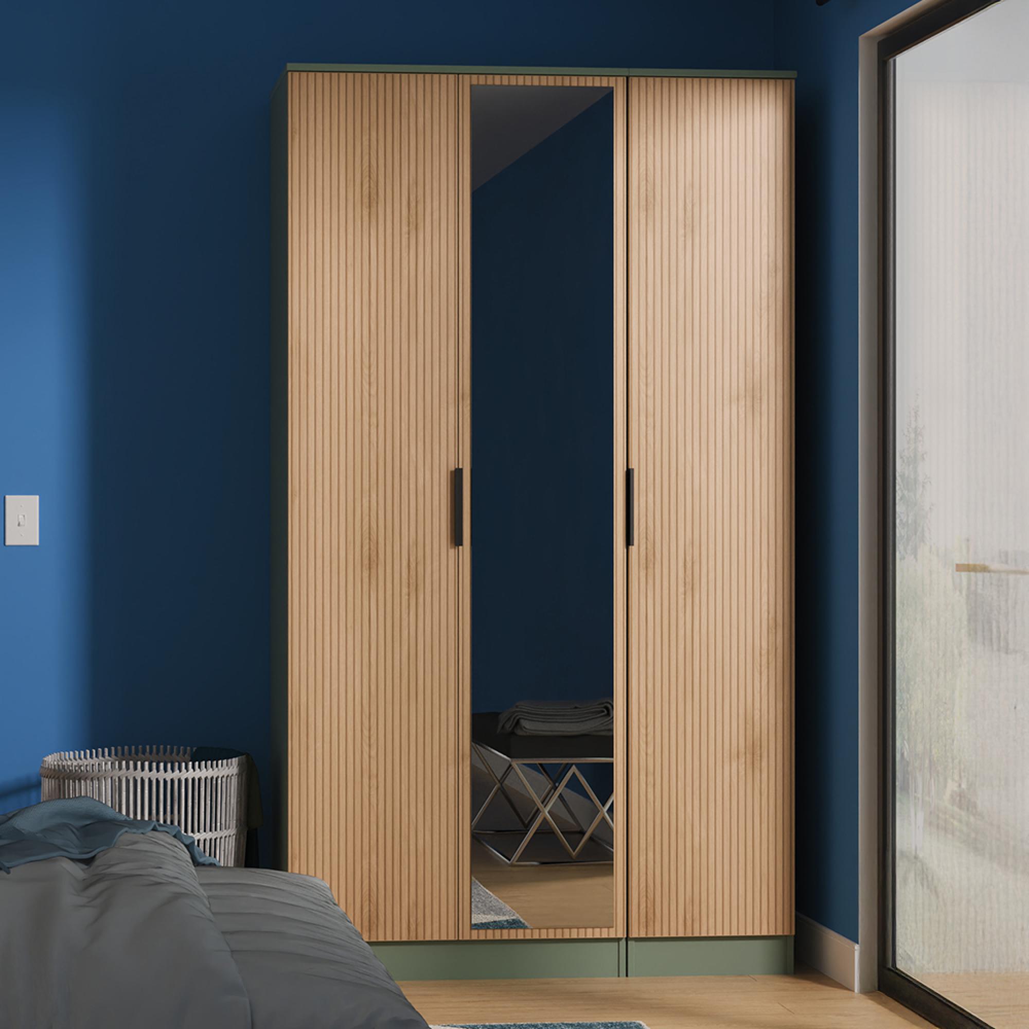 Java Fluted Wardrobe - 3 Door - Tall Triple Robe - 1 Mirror - Natural and Reed Green