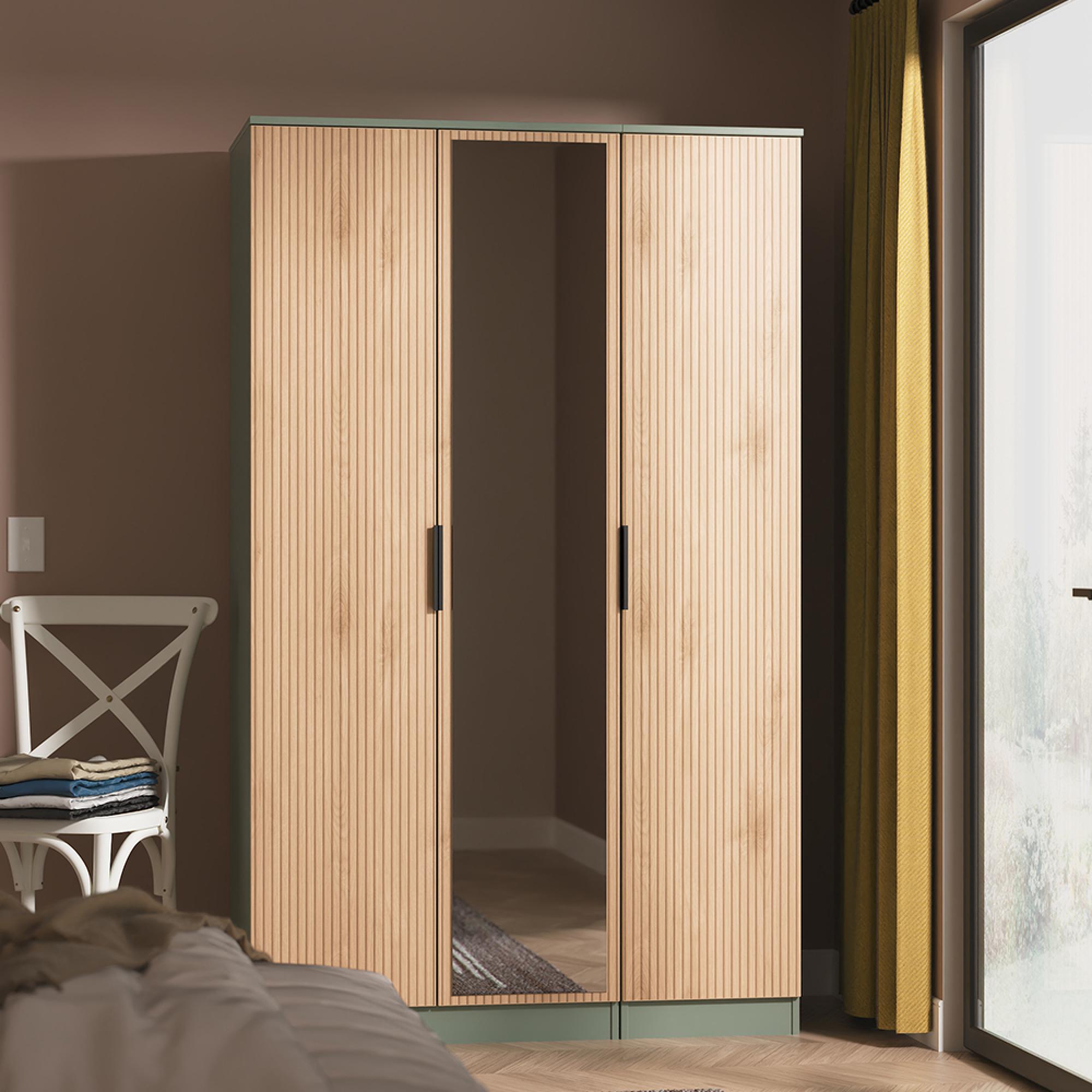 Java Fluted Wardrobe - 3 Door - Triple - 1 Mirror - Natural and Reed Green