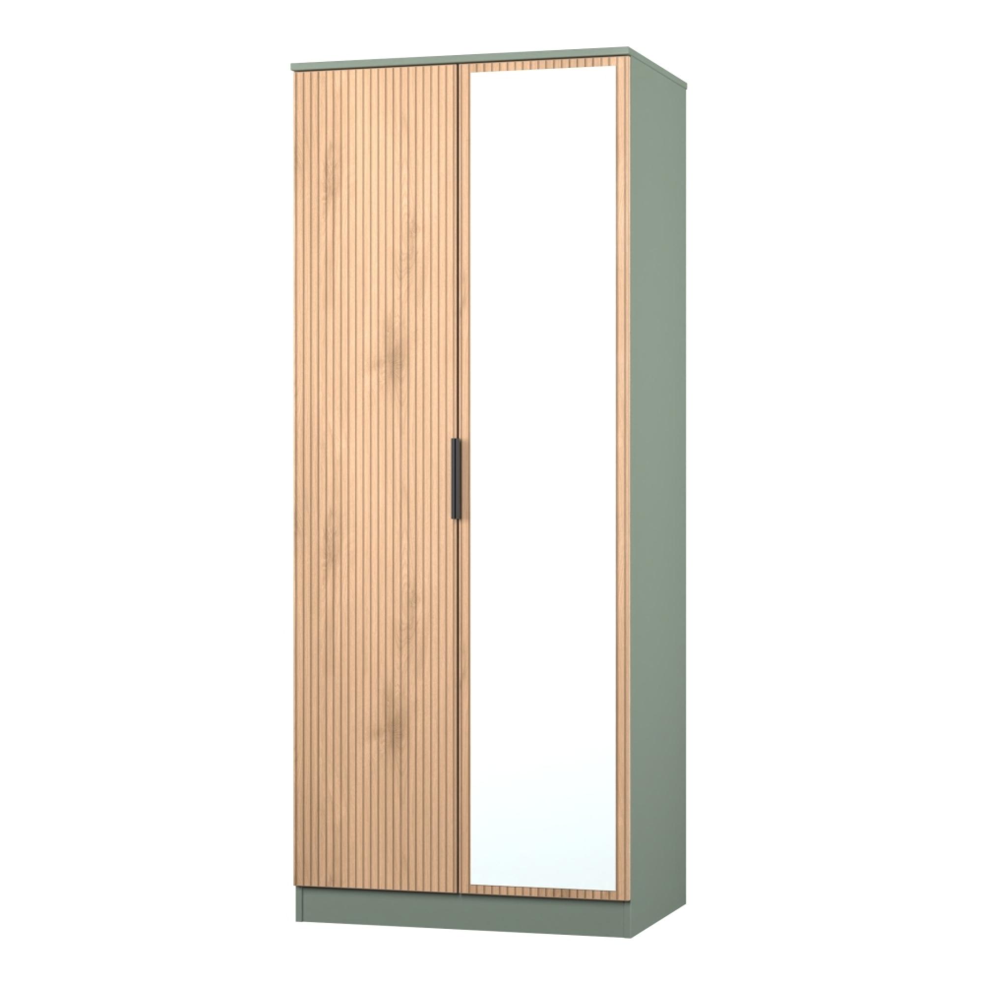 Java Fluted Wardrobe - 2 Door - 1 Mirror - Natural and Reed Green