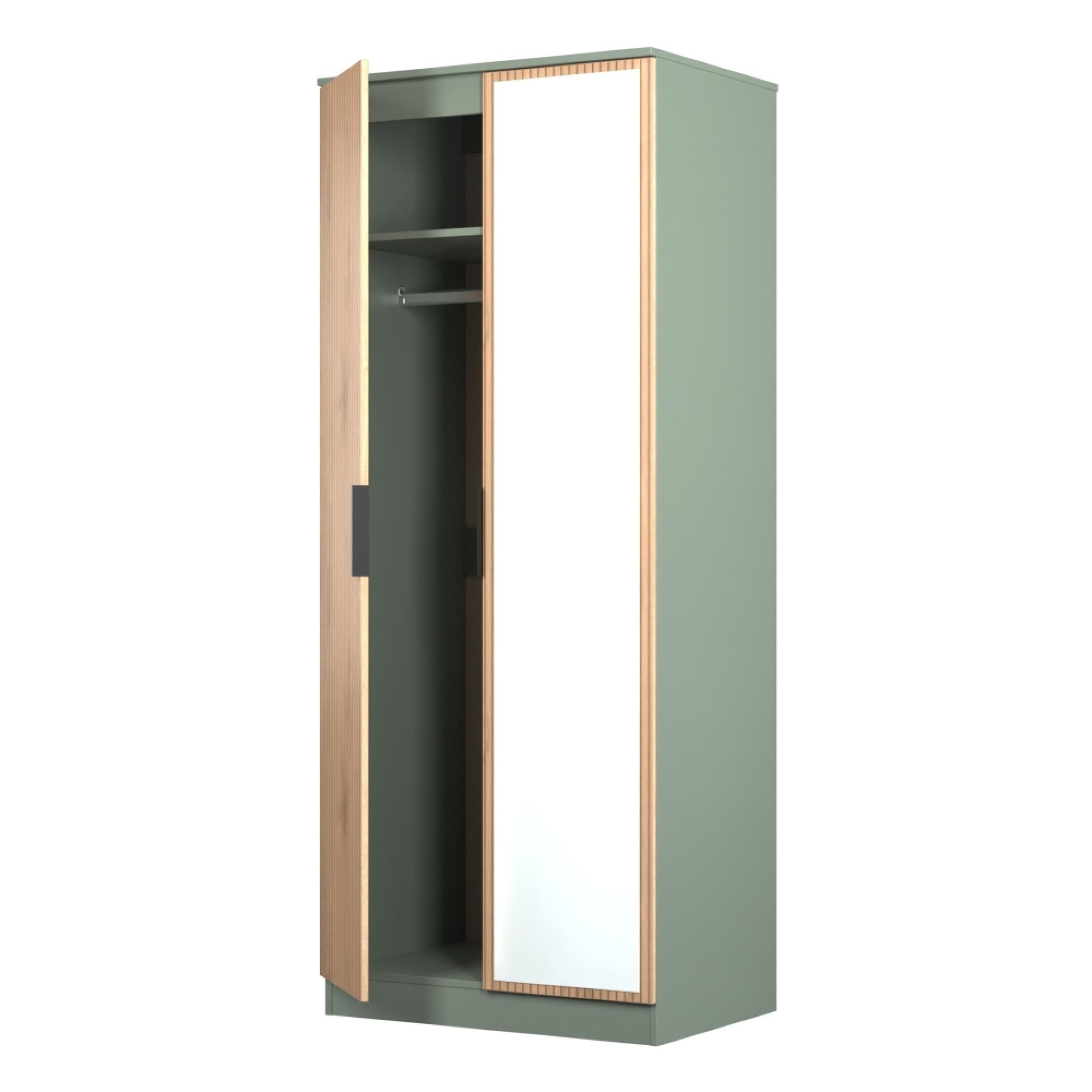 Java Fluted Wardrobe - 2 Door - 1 Mirror - Natural and Reed Green