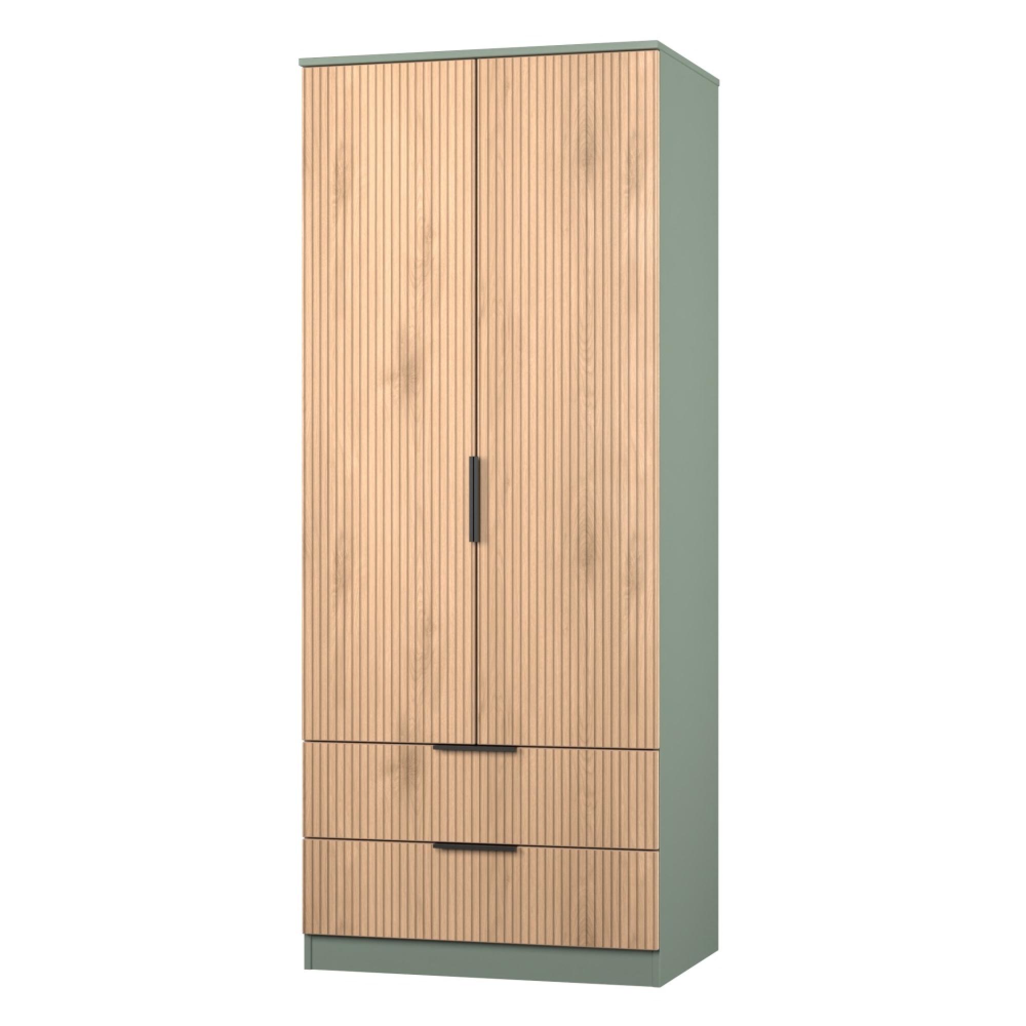Java Fluted Wardrobe - 2 Door - 2 Drawer - Natural and Reed Green