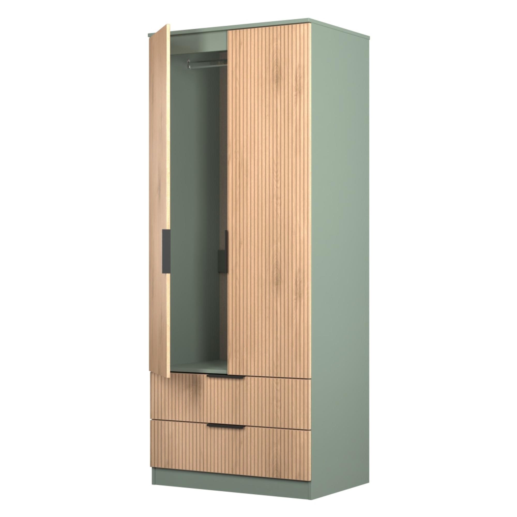 Java Fluted Wardrobe - 2 Door - 2 Drawer - Natural and Reed Green
