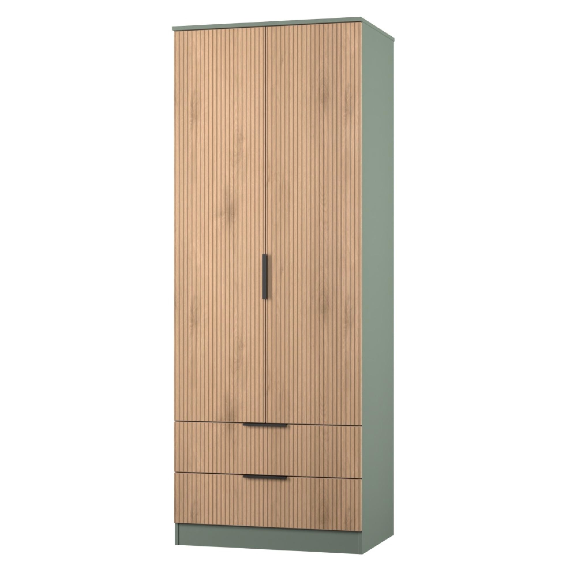 Java Fluted Wardrobe - 2 Door - 2 Drawer - Tall Robe - Natural and Reed Green