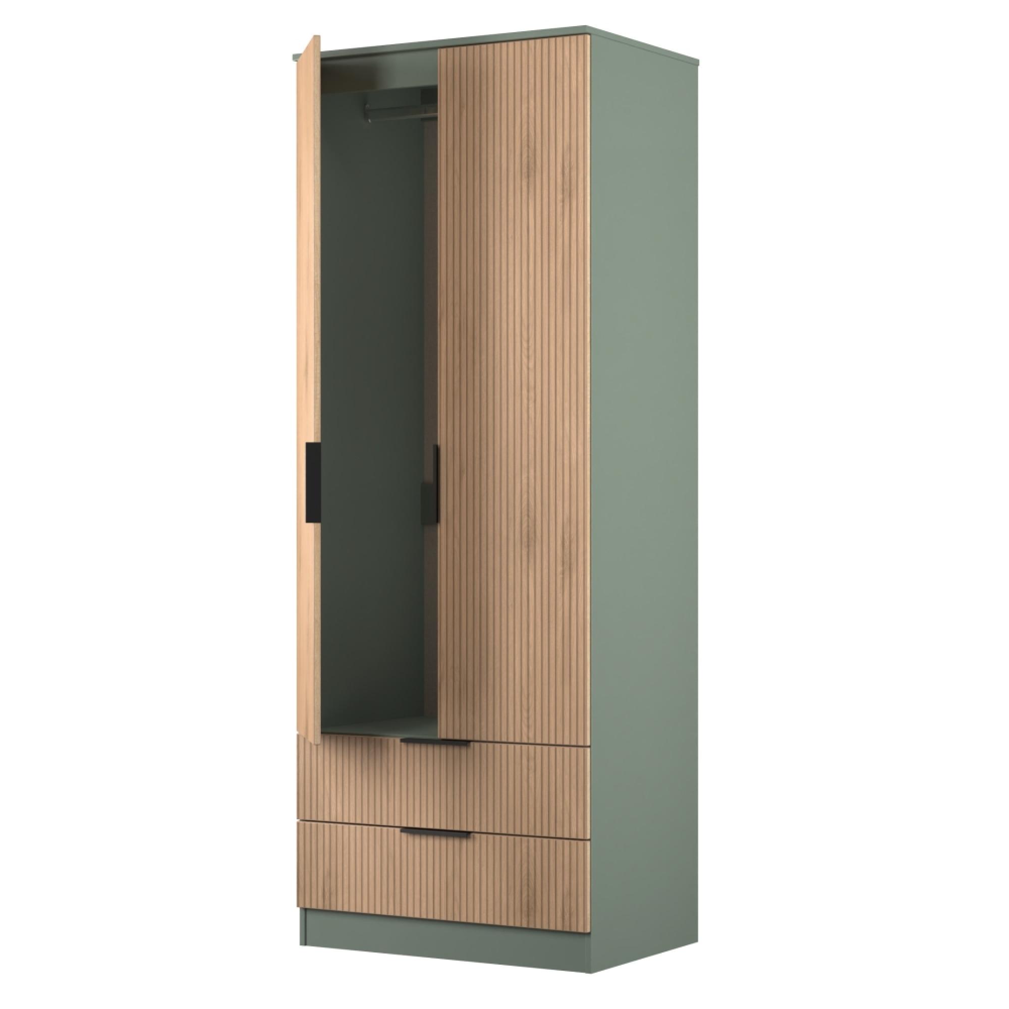 Java Fluted Wardrobe - 2 Door - 2 Drawer - Tall Robe - Natural and Reed Green