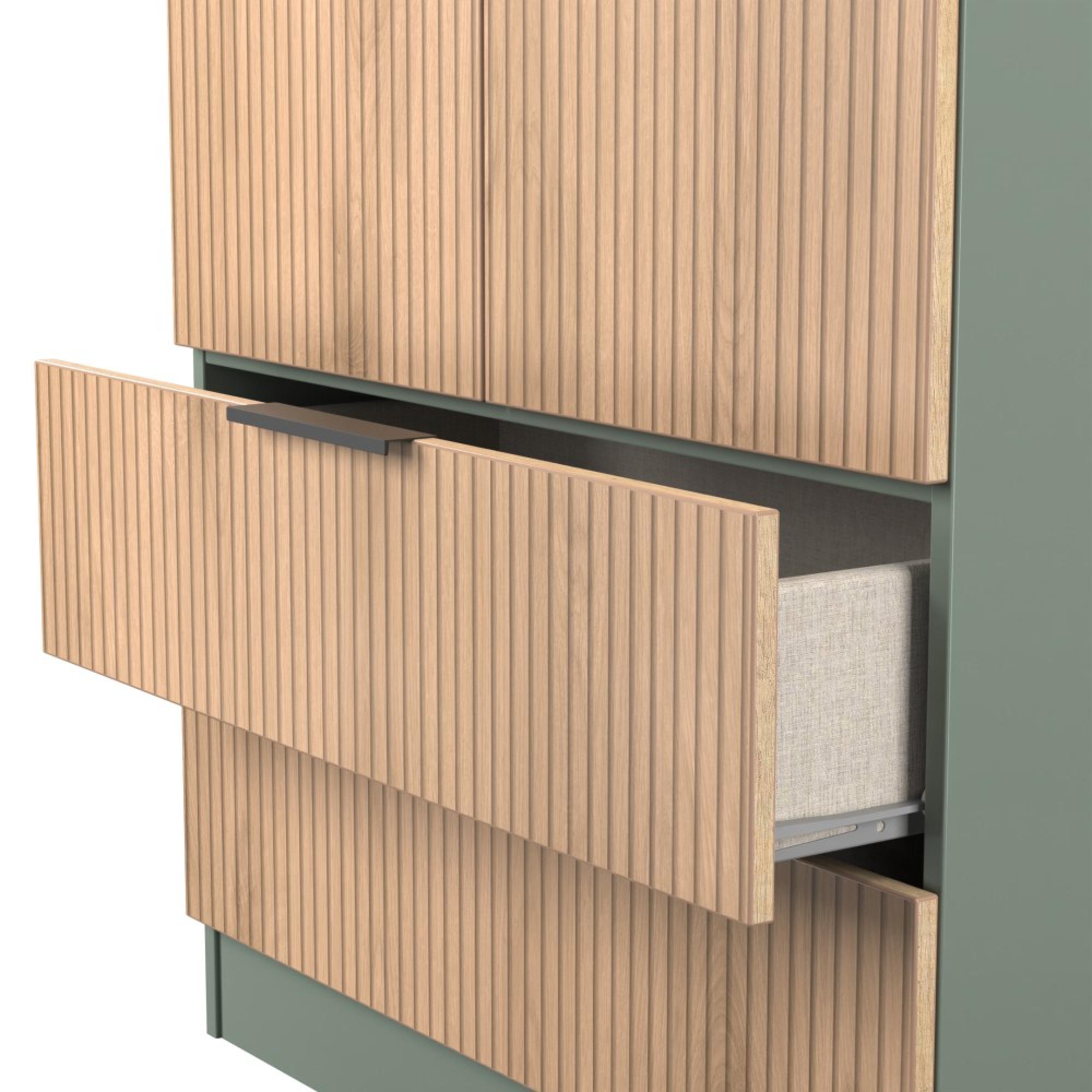 Java Fluted Wardrobe - 2 Door - 2 Drawer - Tall Robe - Natural and Reed Green