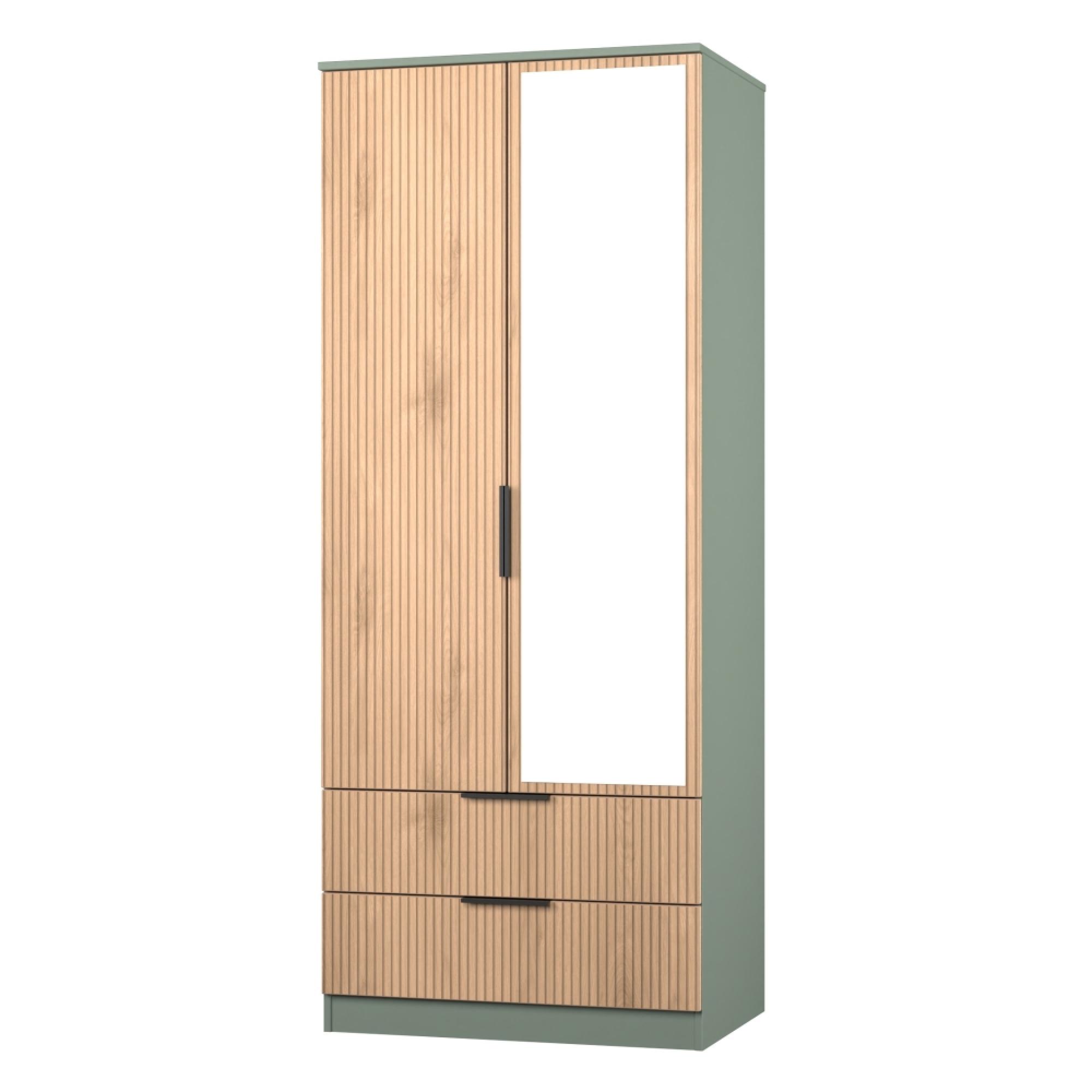 Java Fluted Wardrobe - 2 Door - Combi - 1 Mirror - Natural and Reed Green