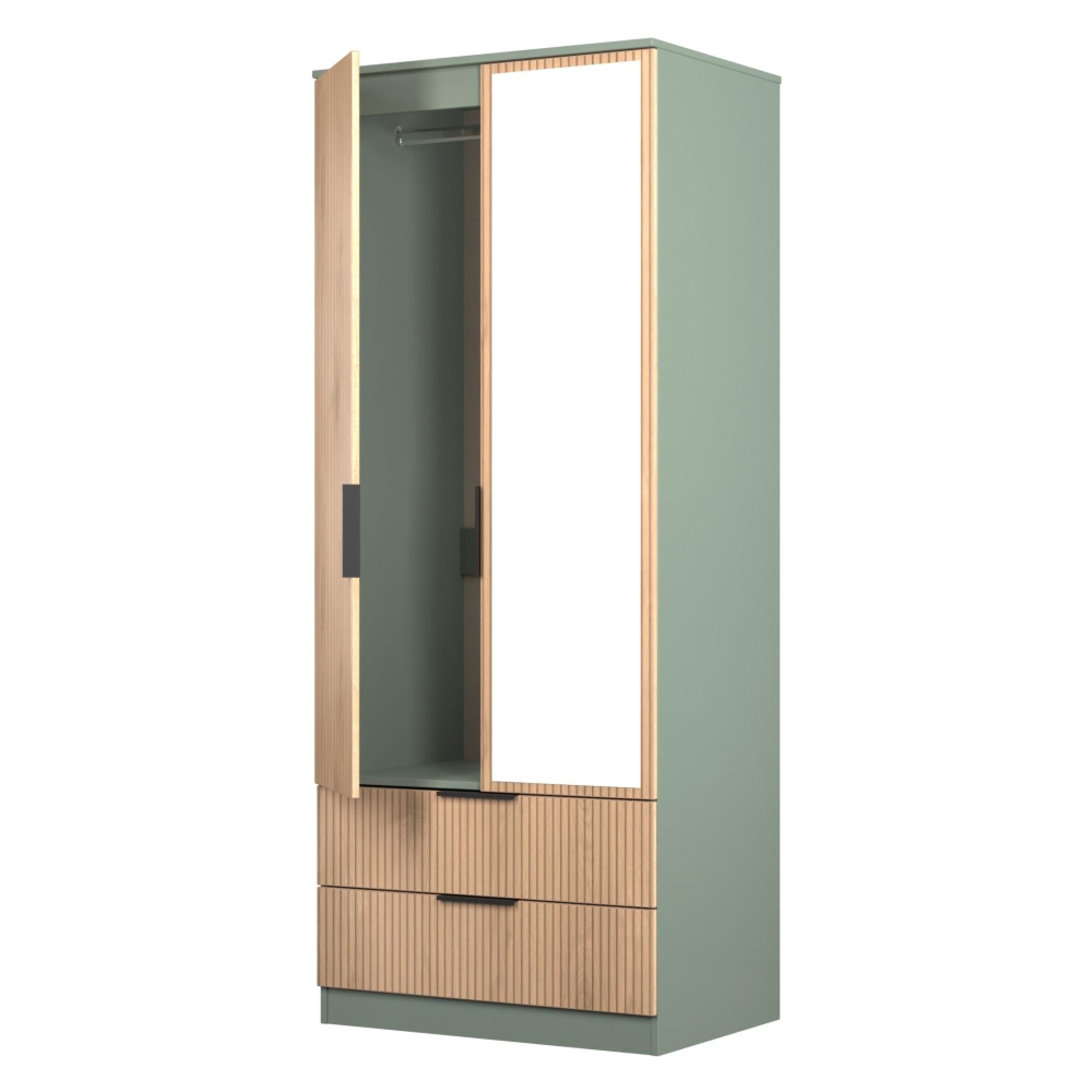 Java Fluted Wardrobe - 2 Door - Combi - 1 Mirror - Natural and Reed Green