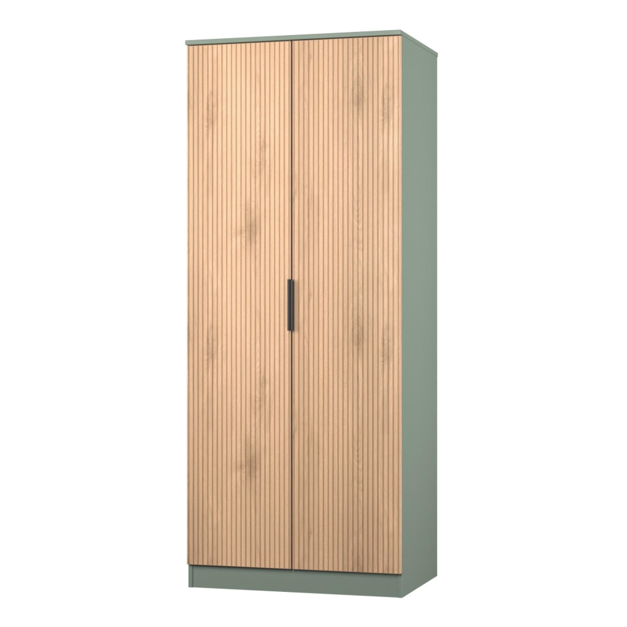Java Fluted Wardrobe - 2 Door - Plain Robe - Natural and Reed Green