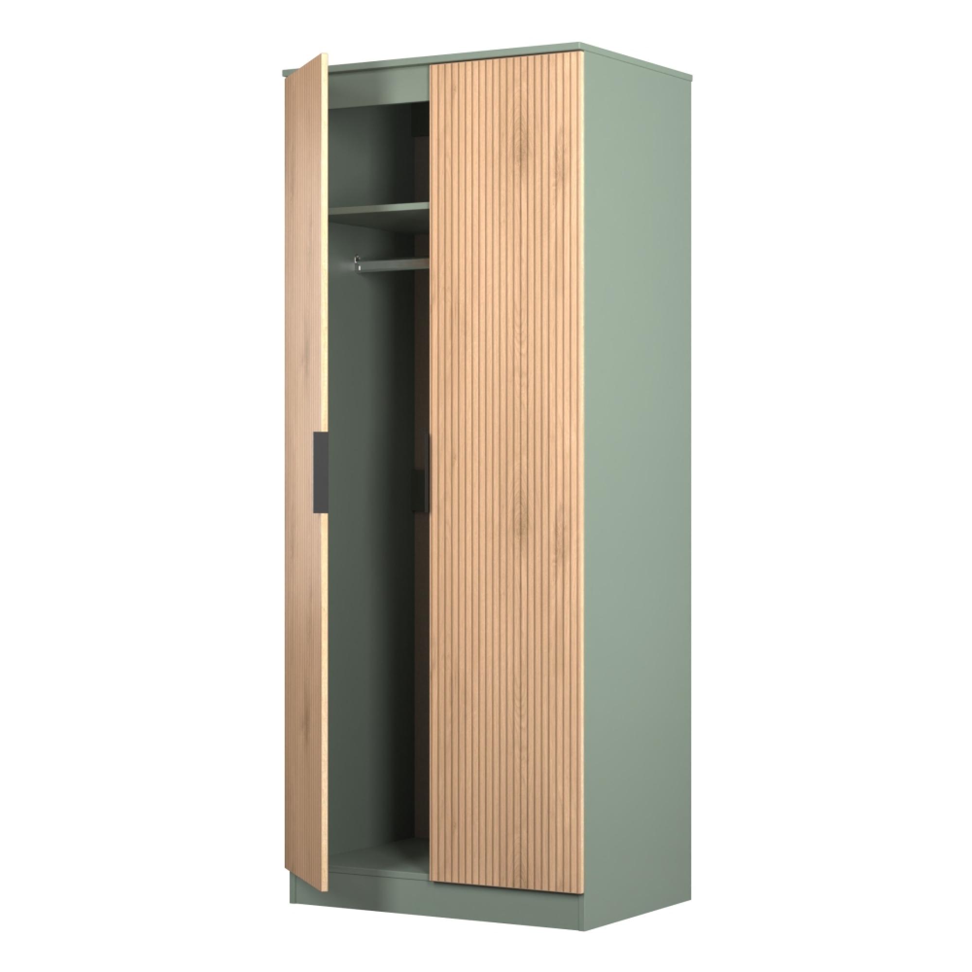 Java Fluted Wardrobe - 2 Door - Plain Robe - Natural and Reed Green