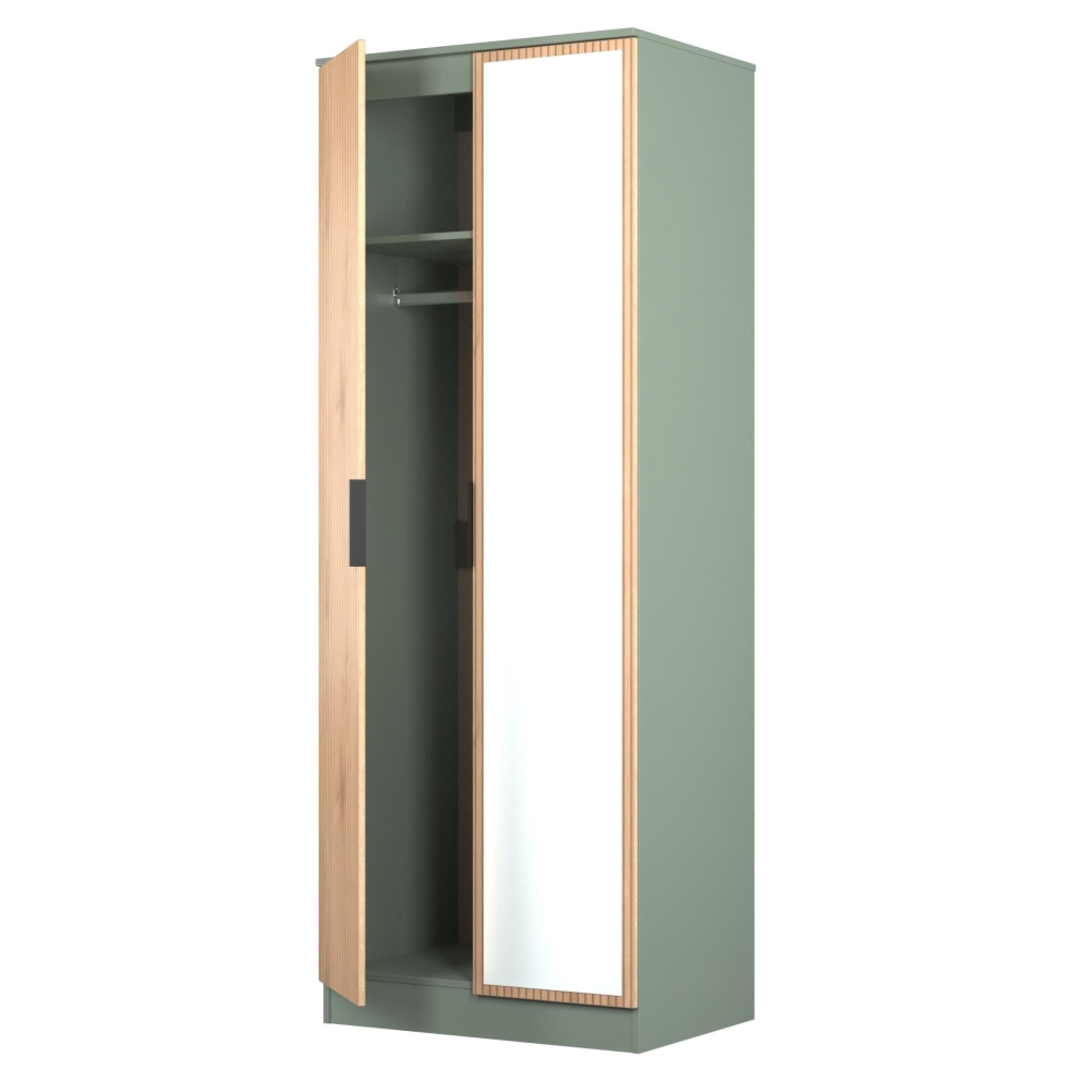 Java Fluted Wardrobe - 2 Door - Tall - 1 Mirror - Natural and Reed Green