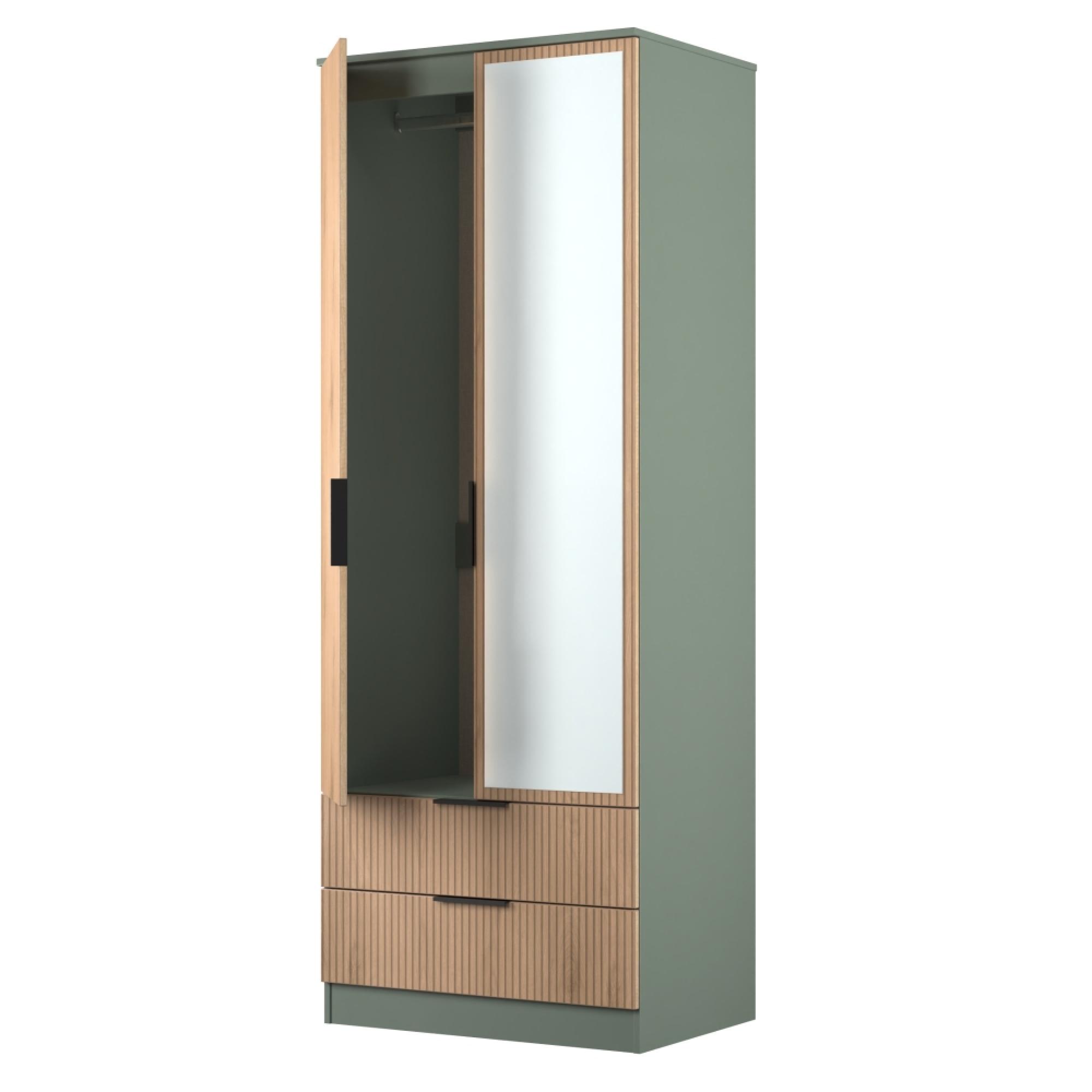 Java Fluted Wardrobe - 2 Door - Tall Combi - 1 Mirror - Natural and Reed Green