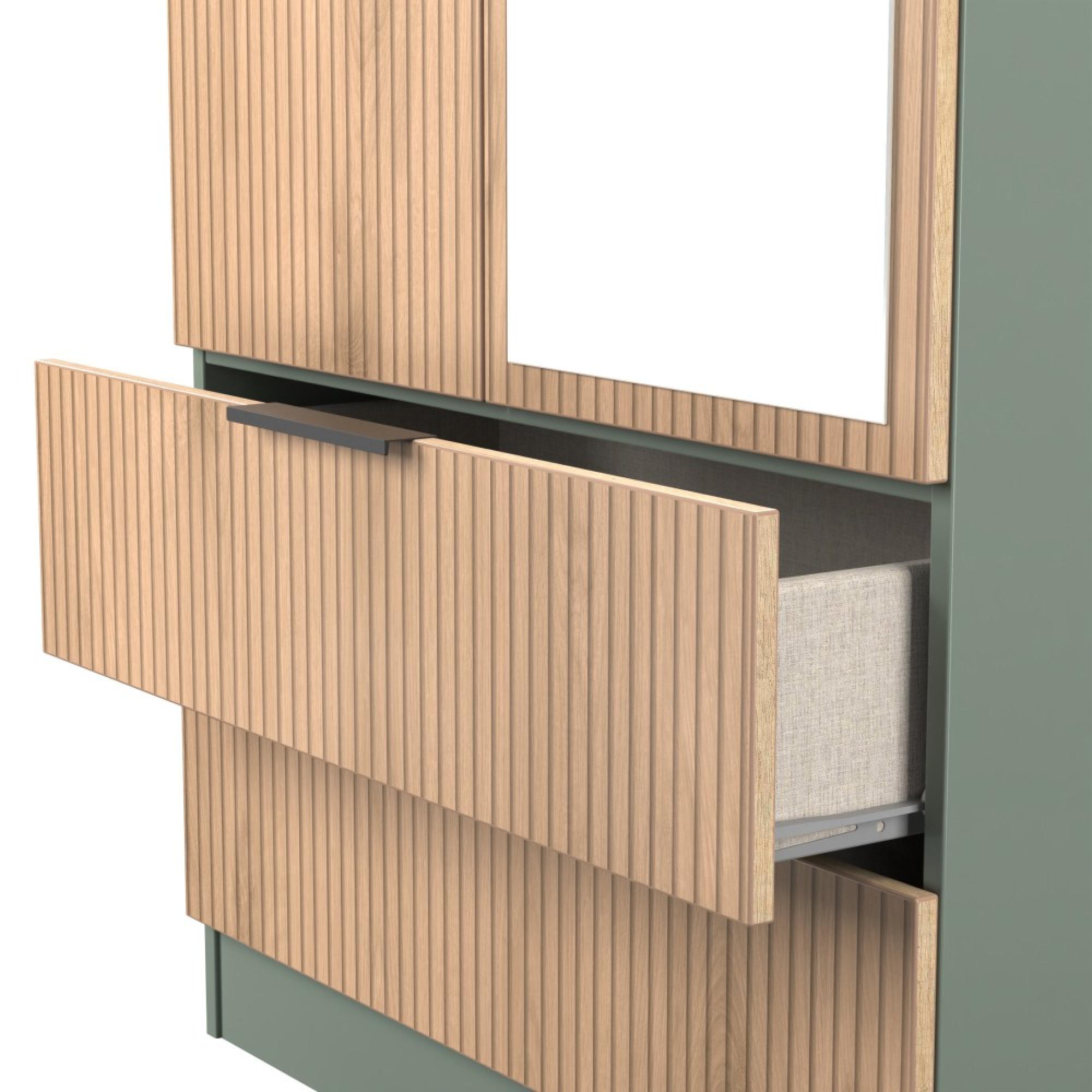 Java Fluted Wardrobe - 2 Door - Tall Combi - 1 Mirror - Natural and Reed Green