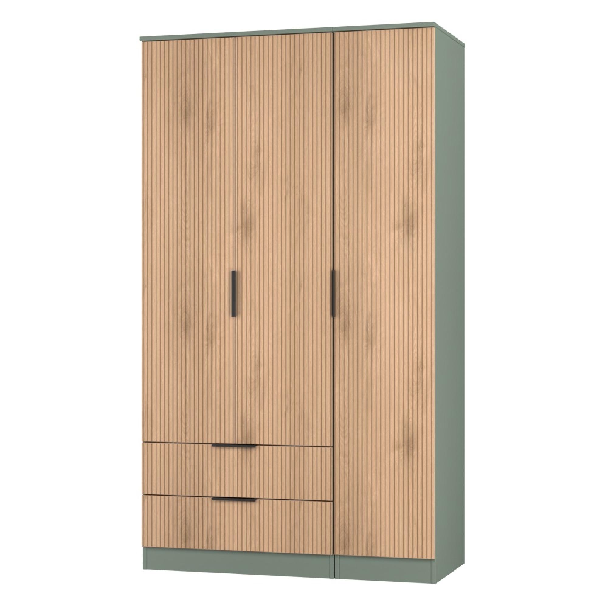 Java Fluted Wardrobe - 3 Door - 2 Drawer - Tall Triple - Natural and Reed Green