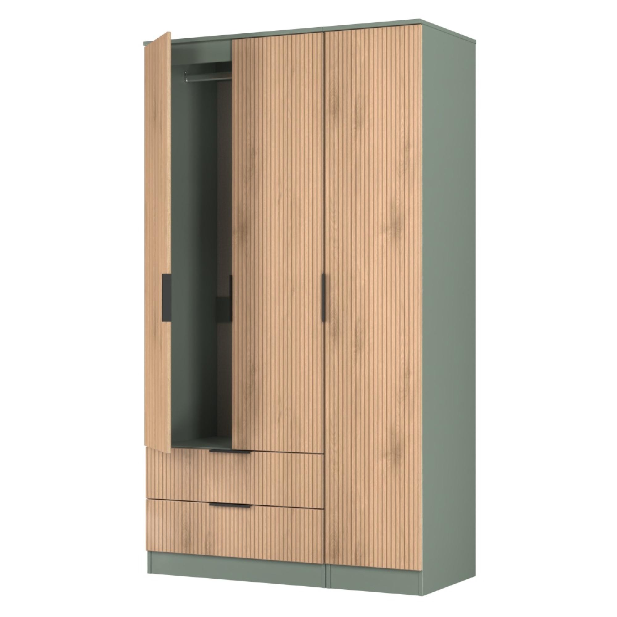 Java Fluted Wardrobe - 3 Door - 2 Drawer - Tall Triple - Natural and Reed Green