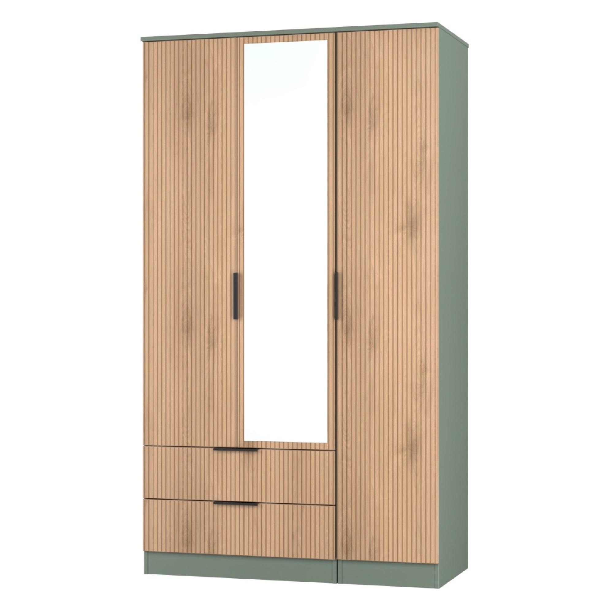 Java Fluted Wardrobe - 3 Door - Tall Triple Combi - 1 Mirror - Natural and Reed Green