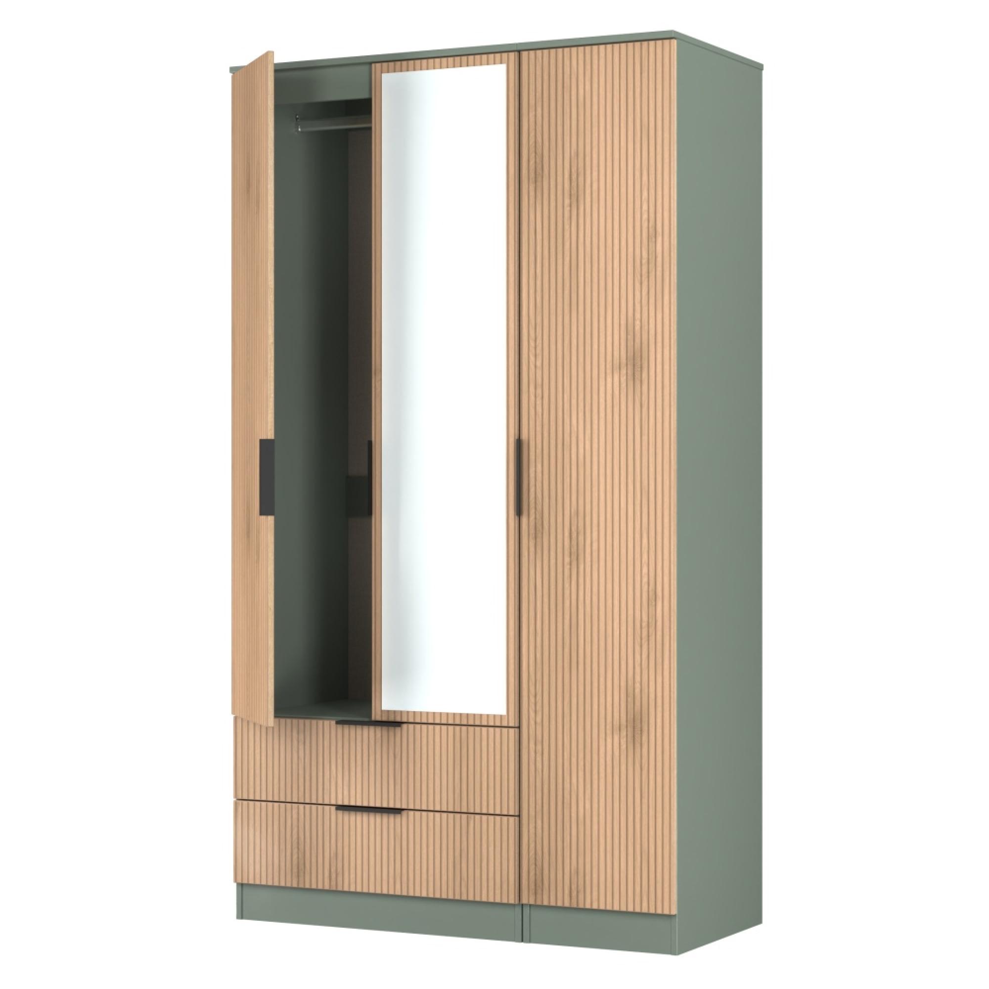 Java Fluted Wardrobe - 3 Door - Tall Triple Combi - 1 Mirror - Natural and Reed Green