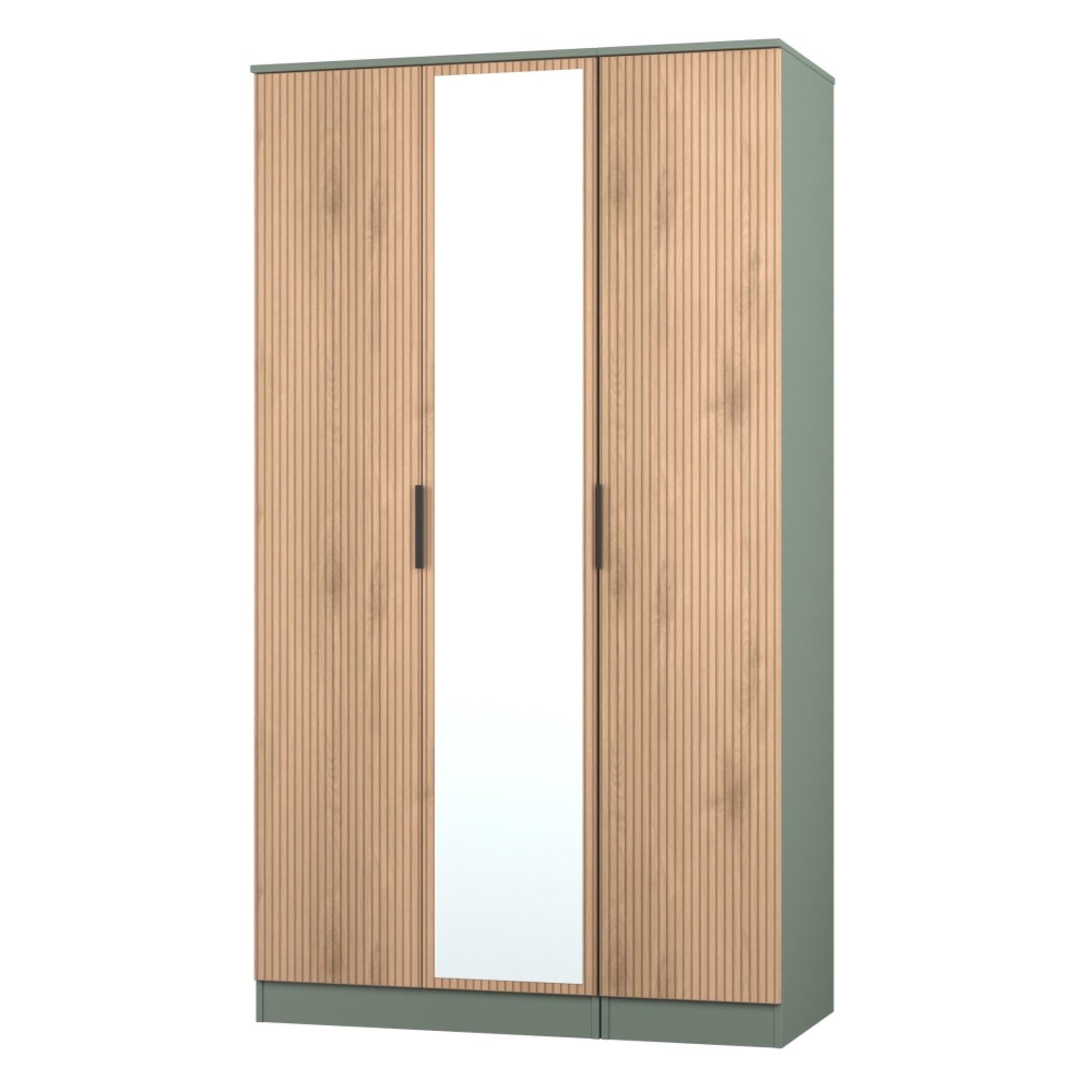 Java Fluted Wardrobe - 3 Door - Tall Triple Robe - 1 Mirror - Natural and Reed Green