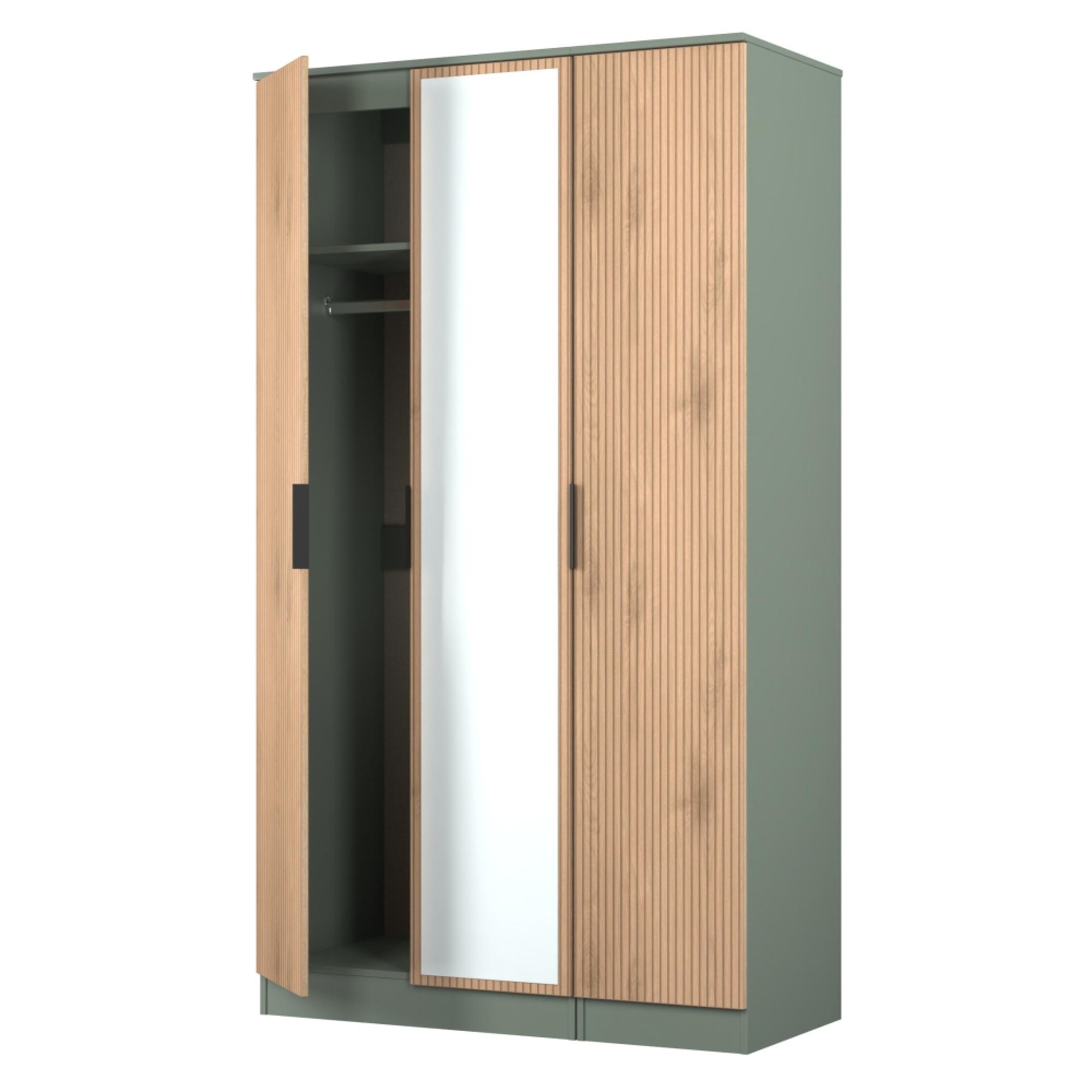 Java Fluted Wardrobe - 3 Door - Tall Triple Robe - 1 Mirror - Natural and Reed Green
