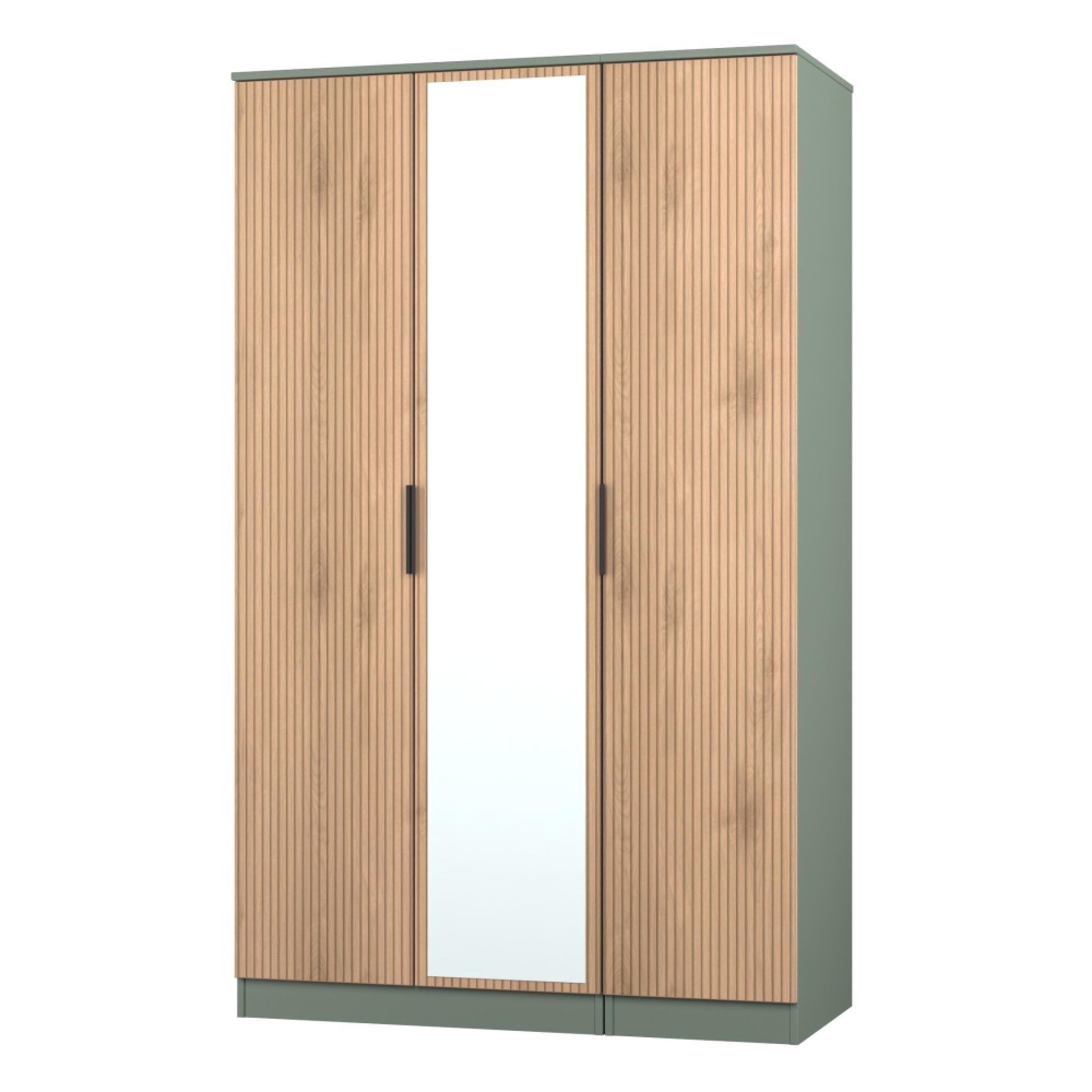 Java Fluted Wardrobe - 3 Door - Triple - 1 Mirror - Natural and Reed Green