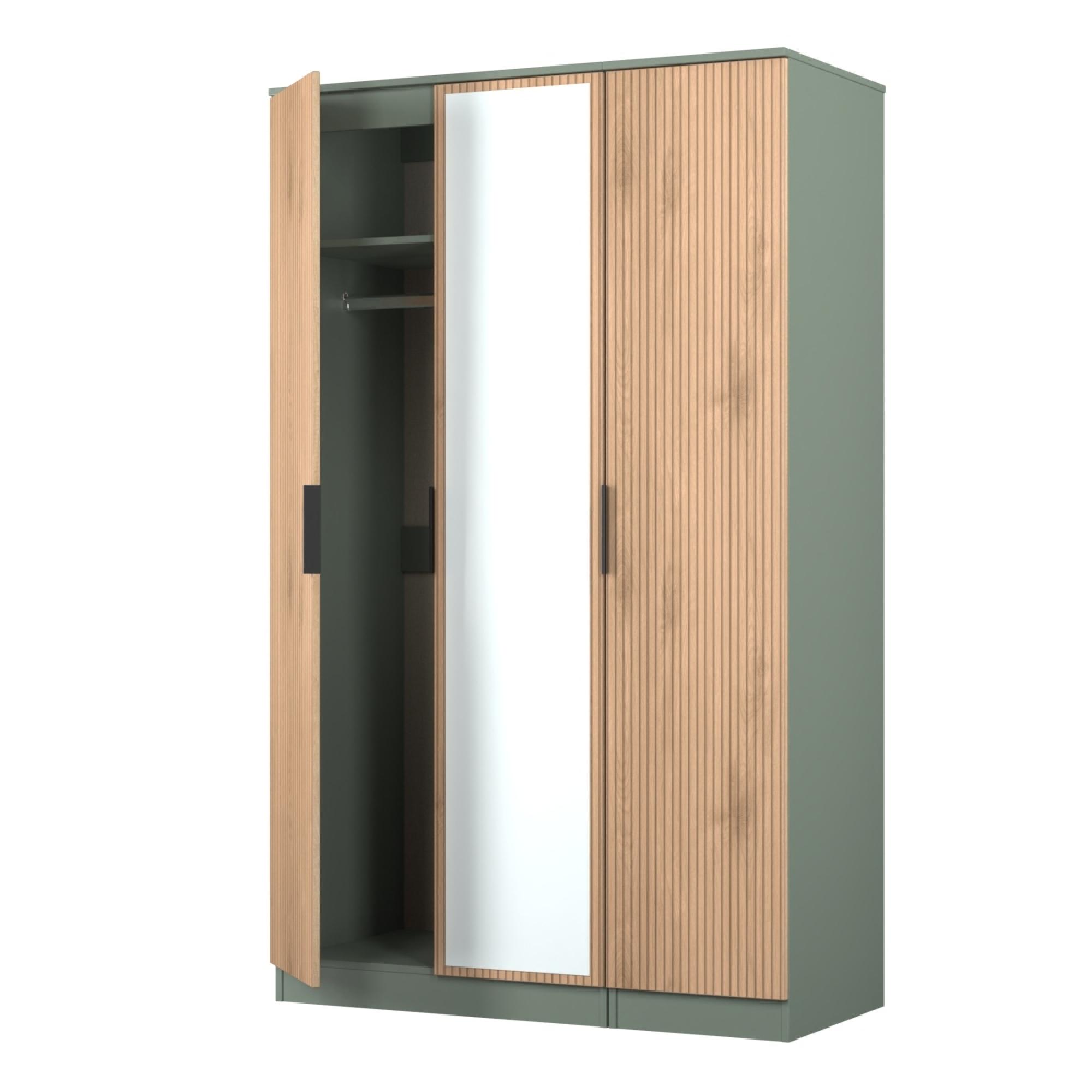 Java Fluted Wardrobe - 3 Door - Triple - 1 Mirror - Natural and Reed Green