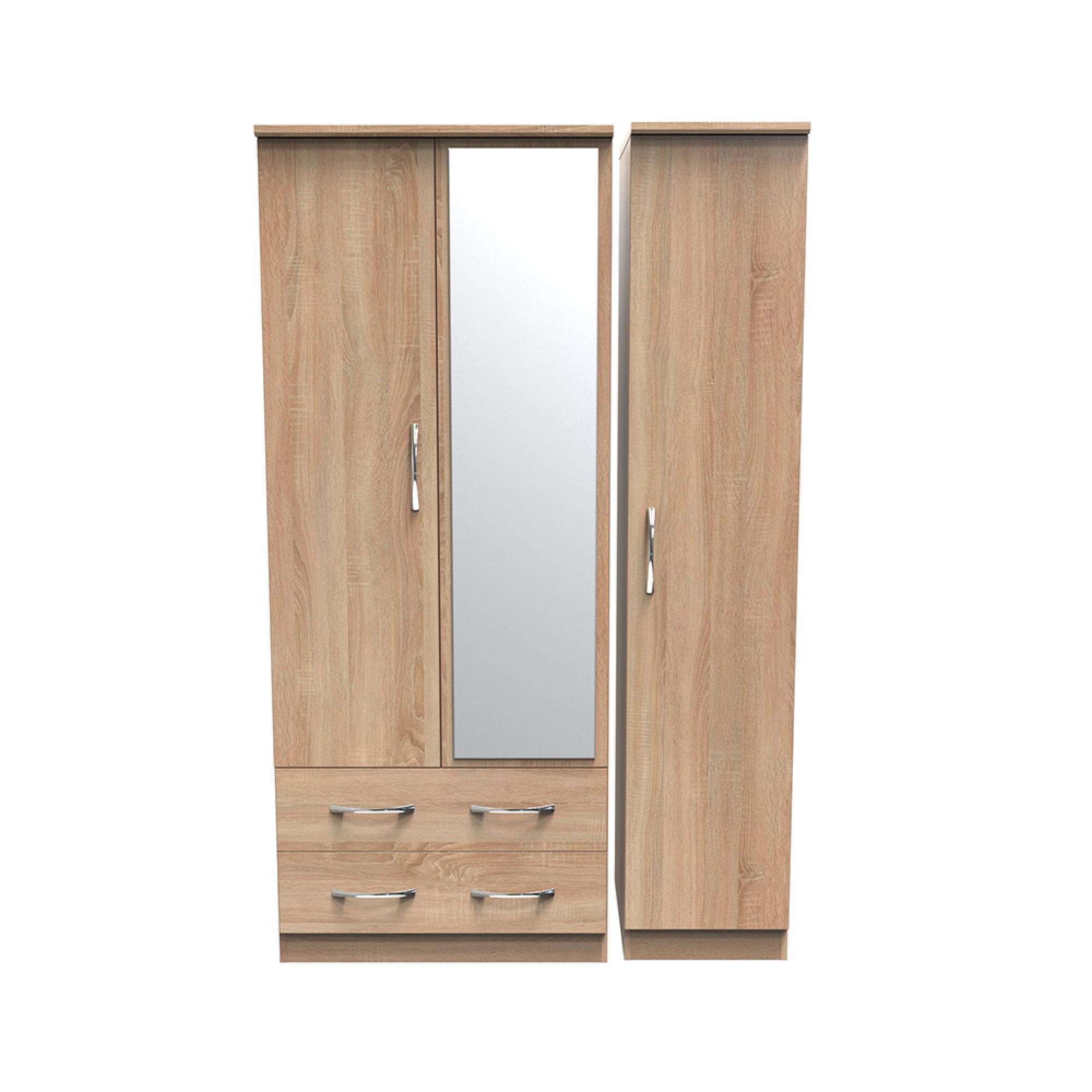 Avon Wardrobe - 3 Door - Combi with 1 Mirror - LHF 2 Drawers - Oak