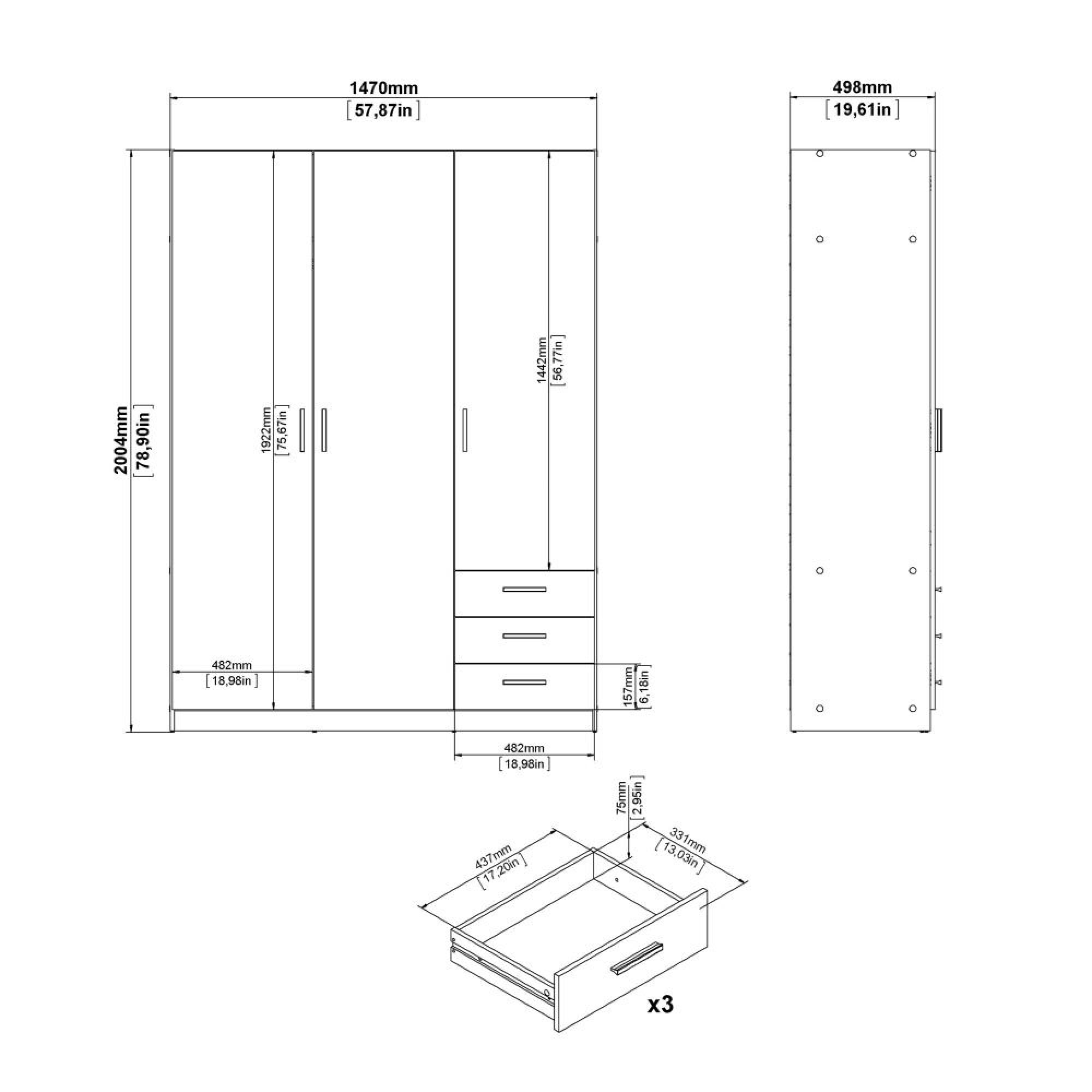 Sprint Wardrobe - 3 Door - 3 Drawer - Matt Grey
